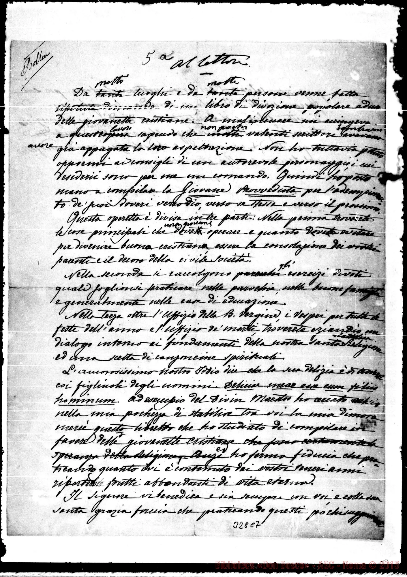 Fotogramma C 7 — La Figlia cristiana. «Al lettore». Ms. con correz. autogr. Bosco