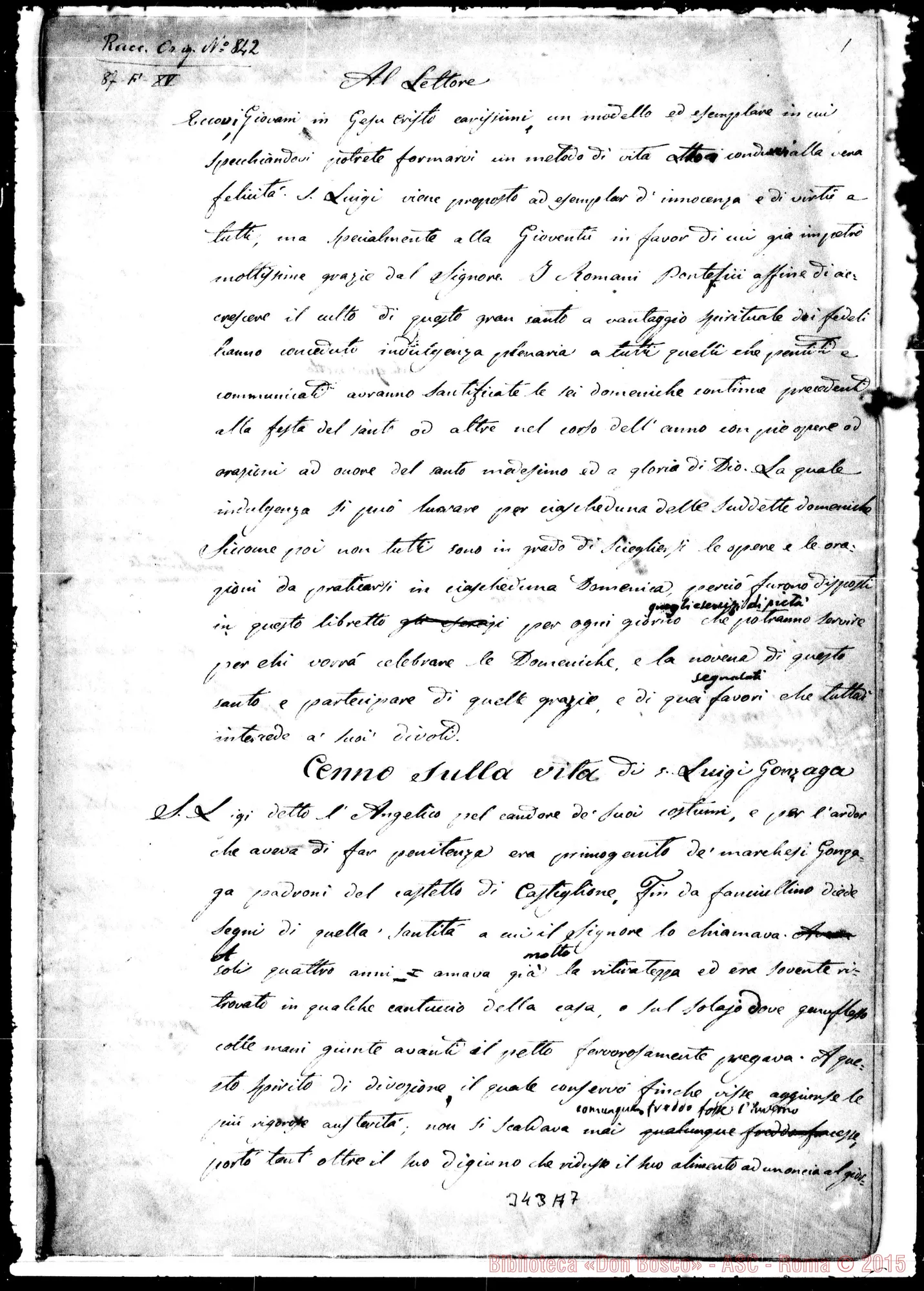 Fotogramma A 7 — Sei Domeniche E Novena S. Luigi Gonzaga. Ms. in parte autogr. Bosco