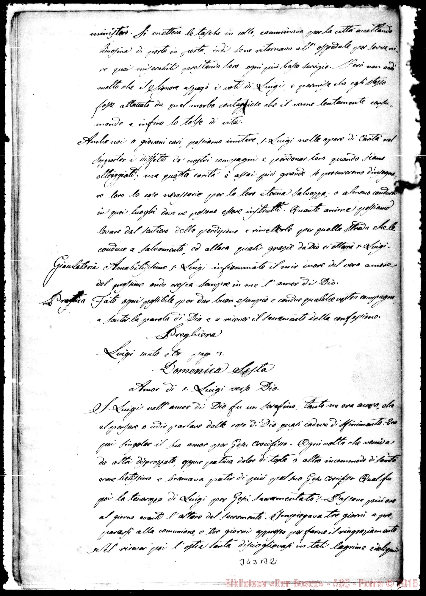 Fotogramma B 2 — Sei Domeniche E Novena S. Luigi Gonzaga. Ms. in parte autogr. Bosco