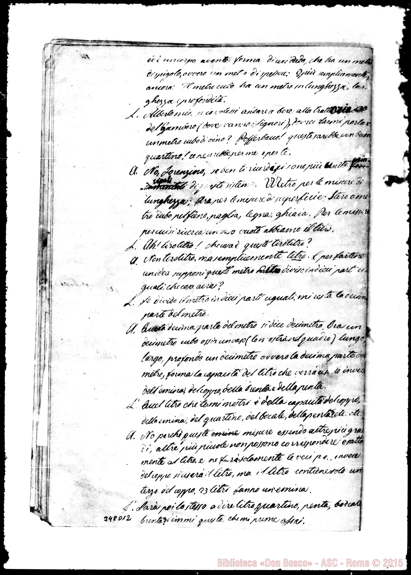 Fotogramma D 12 — Dialoghi sul Sistema Metrico. Ms. con correz. Bosco
