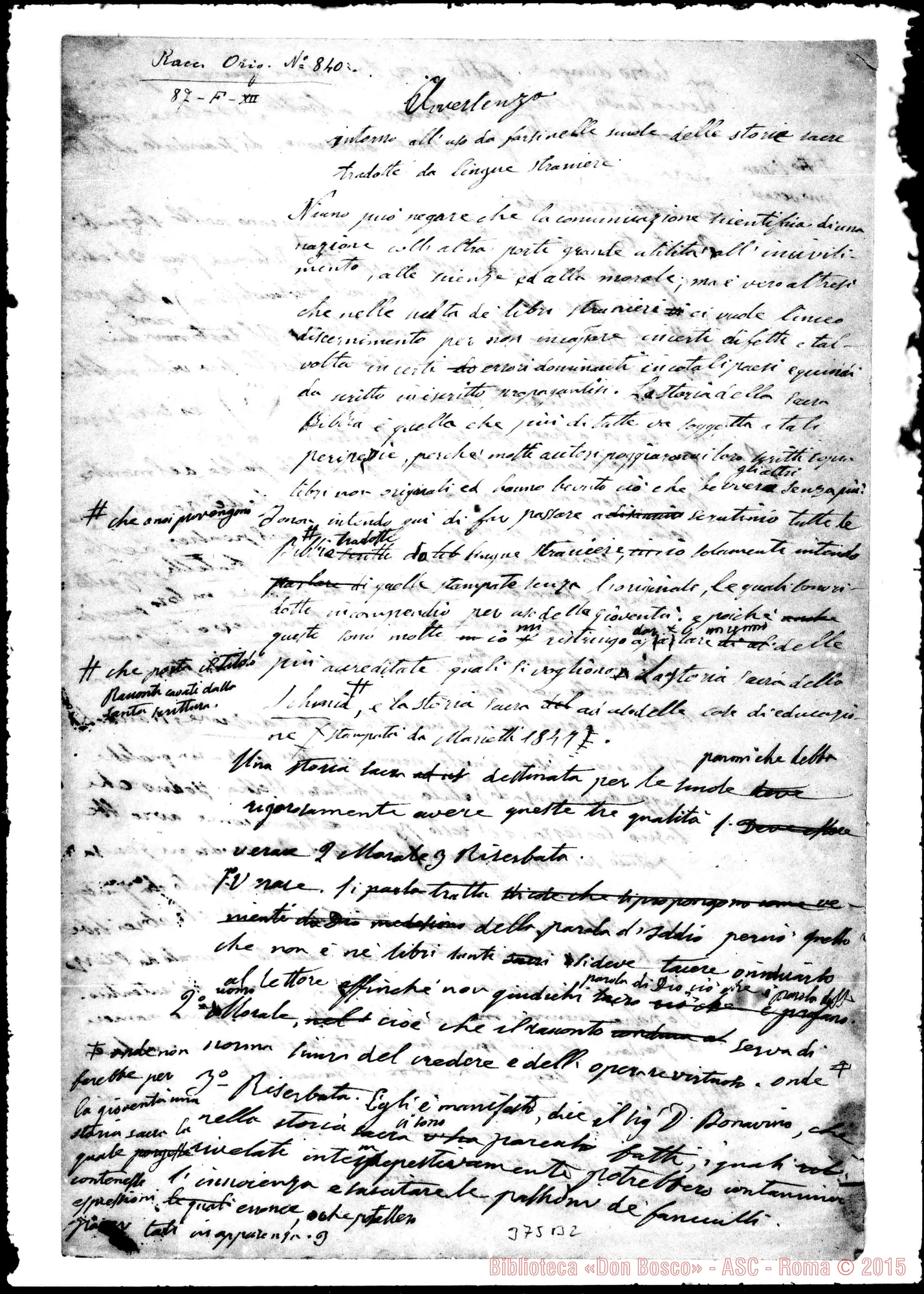 Fotogramma B 2 — Storia Sacra: «Avvertenza intorno all’uso…» Ms. Bosco