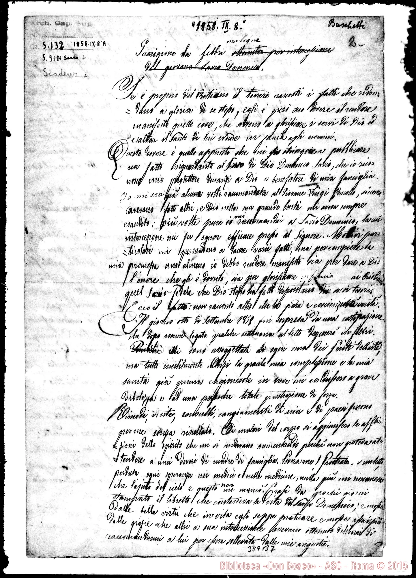 Fotogramma B 7 — Savio Domenico: Guarigione per intercessione di Savio D. Ms. con correz. Bosco Rosalia Buschetti-Edoarda Donato-Maria Paira Maria Ausiliatrice: Grazie attribuite alla sua intercessione. Ms. Bosco