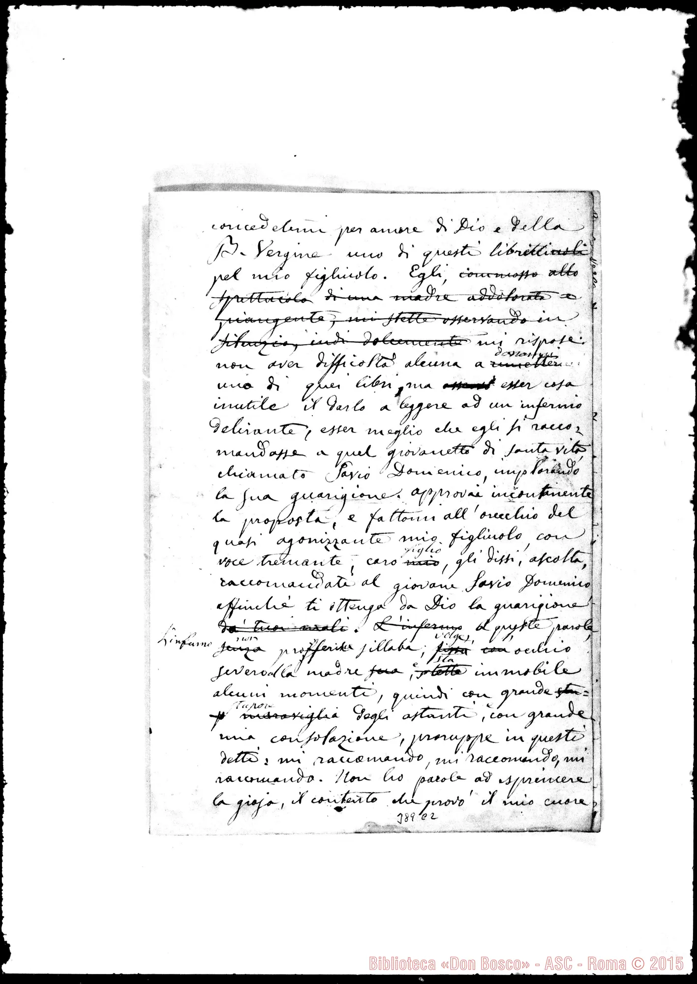 Fotogramma C 2 — Savio Domenico: Guarigione per intercessione di Savio D. Ms. con correz. Bosco Rosalia Buschetti-Edoarda Donato-Maria Paira Maria Ausiliatrice: Grazie attribuite alla sua intercessione. Ms. Bosco