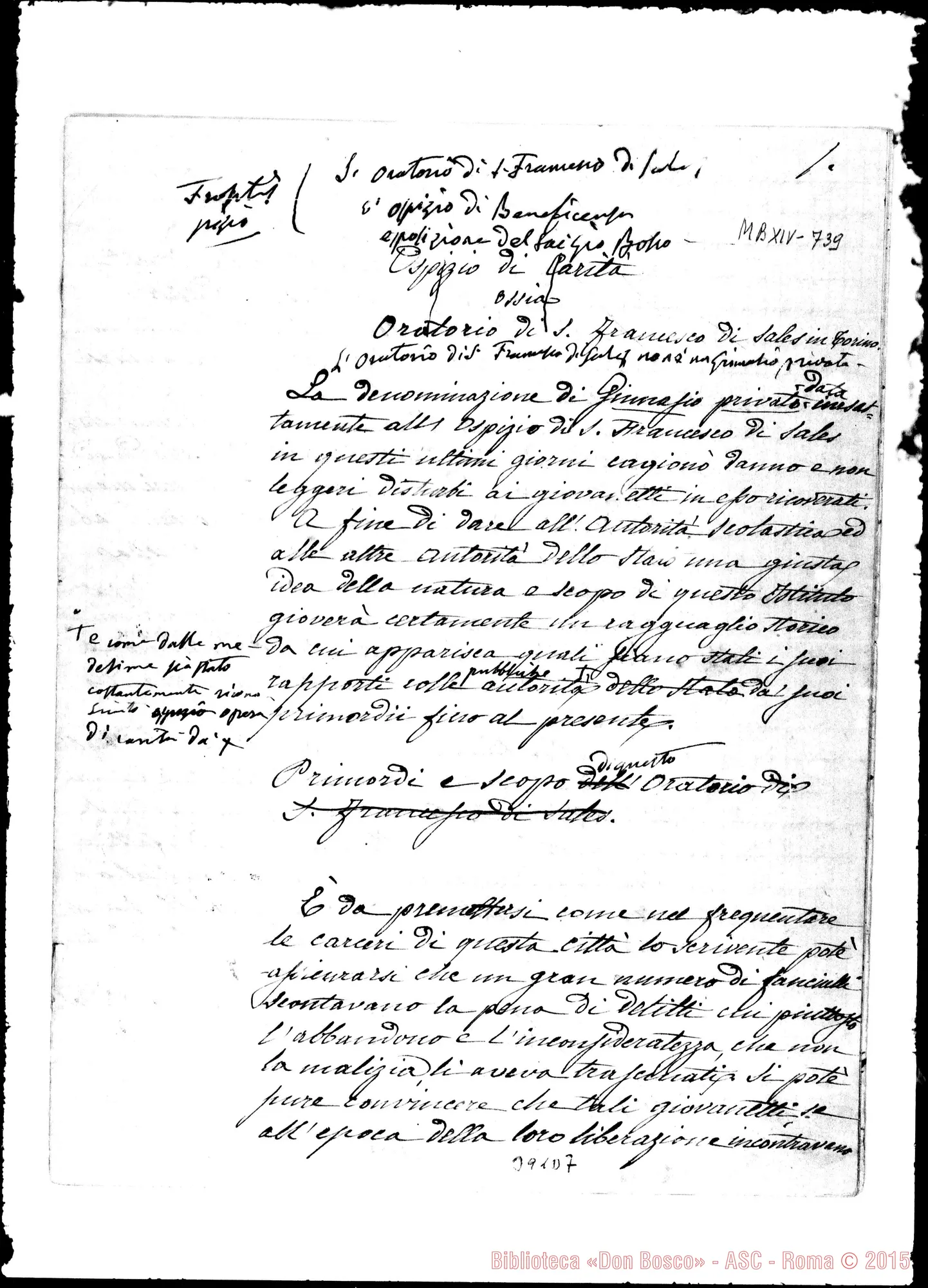 Fotogramma D 7 — Oratorio S. Francesco di Sales: Sulla chiusura delle Scuole L’Oratorio, Ospizio di Carità. Ms. con correz. Bosco