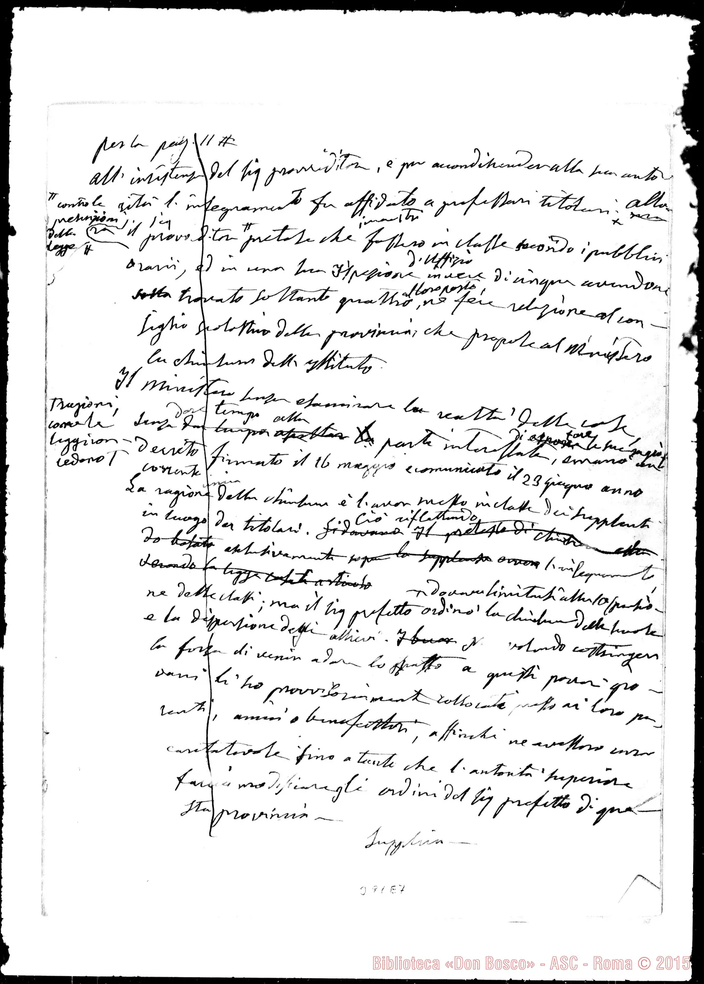 Fotogramma E 7 — Oratorio S. Francesco di Sales: Sulla chiusura delle Scuole L’Oratorio, Ospizio di Carità. Ms. con correz. Bosco