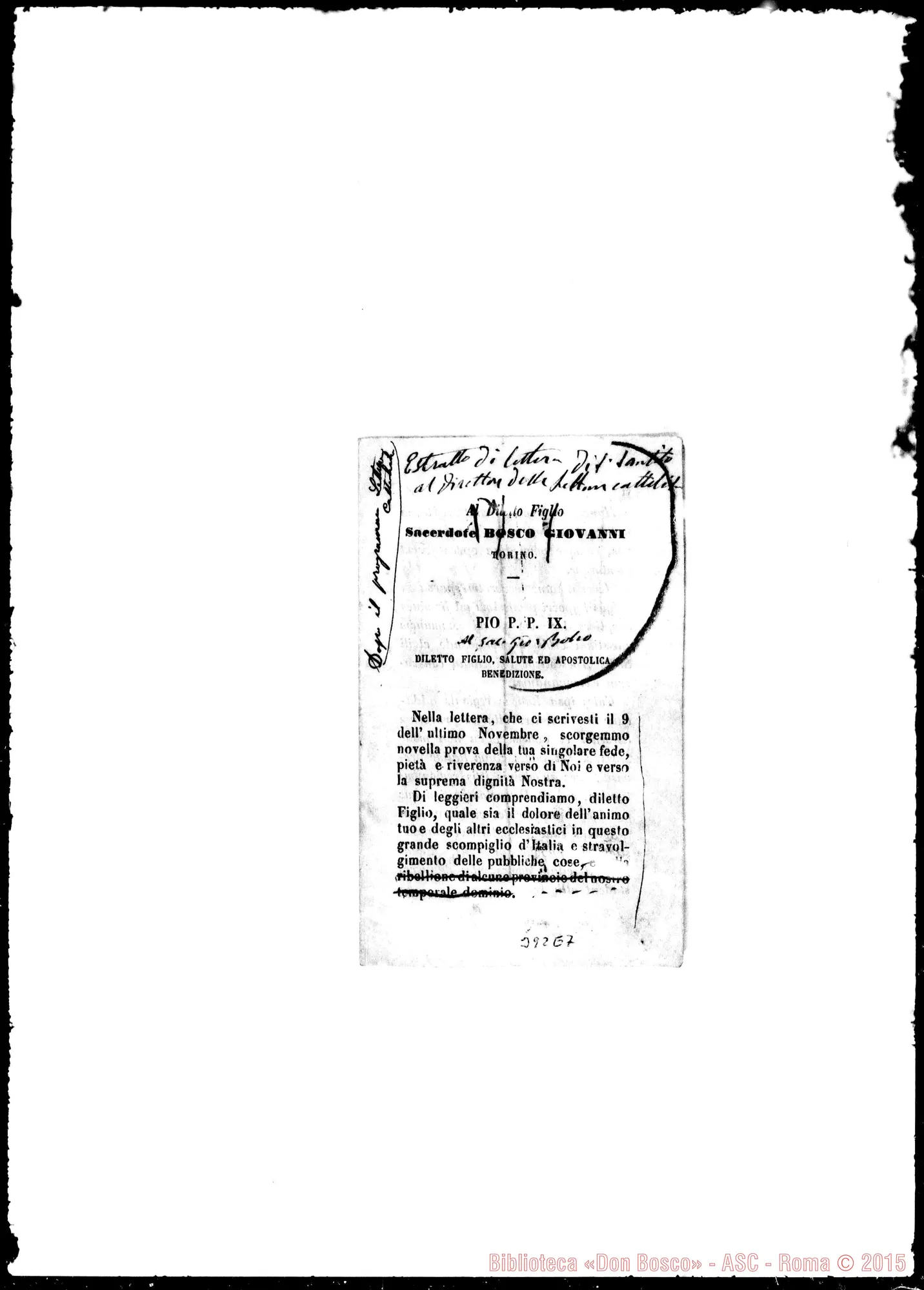 Fotogramma E 7 — «Estratto di lettera di S.S…» Autogr. Bosco