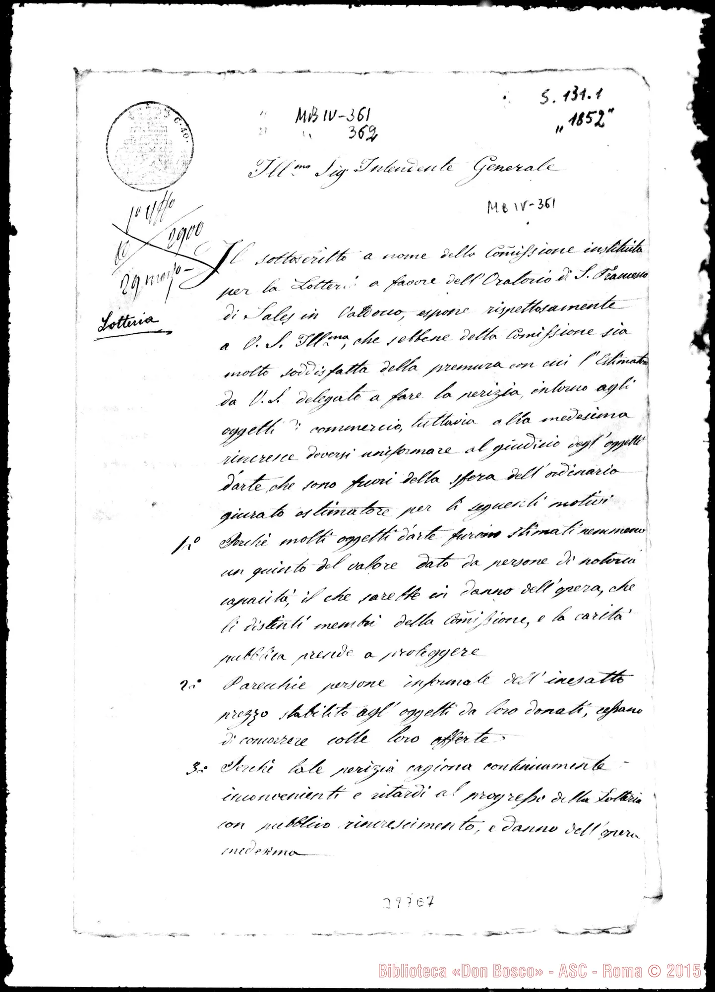 Fotogramma E 7 — Bosco-Intendente Generale. Lett. orig. con firma autogr. Bosco. Acclusa risp.
