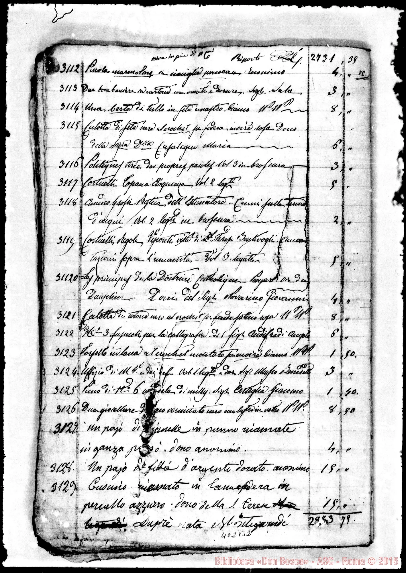 Fotogramma B 2 — 1.854: Relazione giurata di perizia di oggetti donati… Fascicoli rilegati insieme. Incluse petizioni di D. Bosco