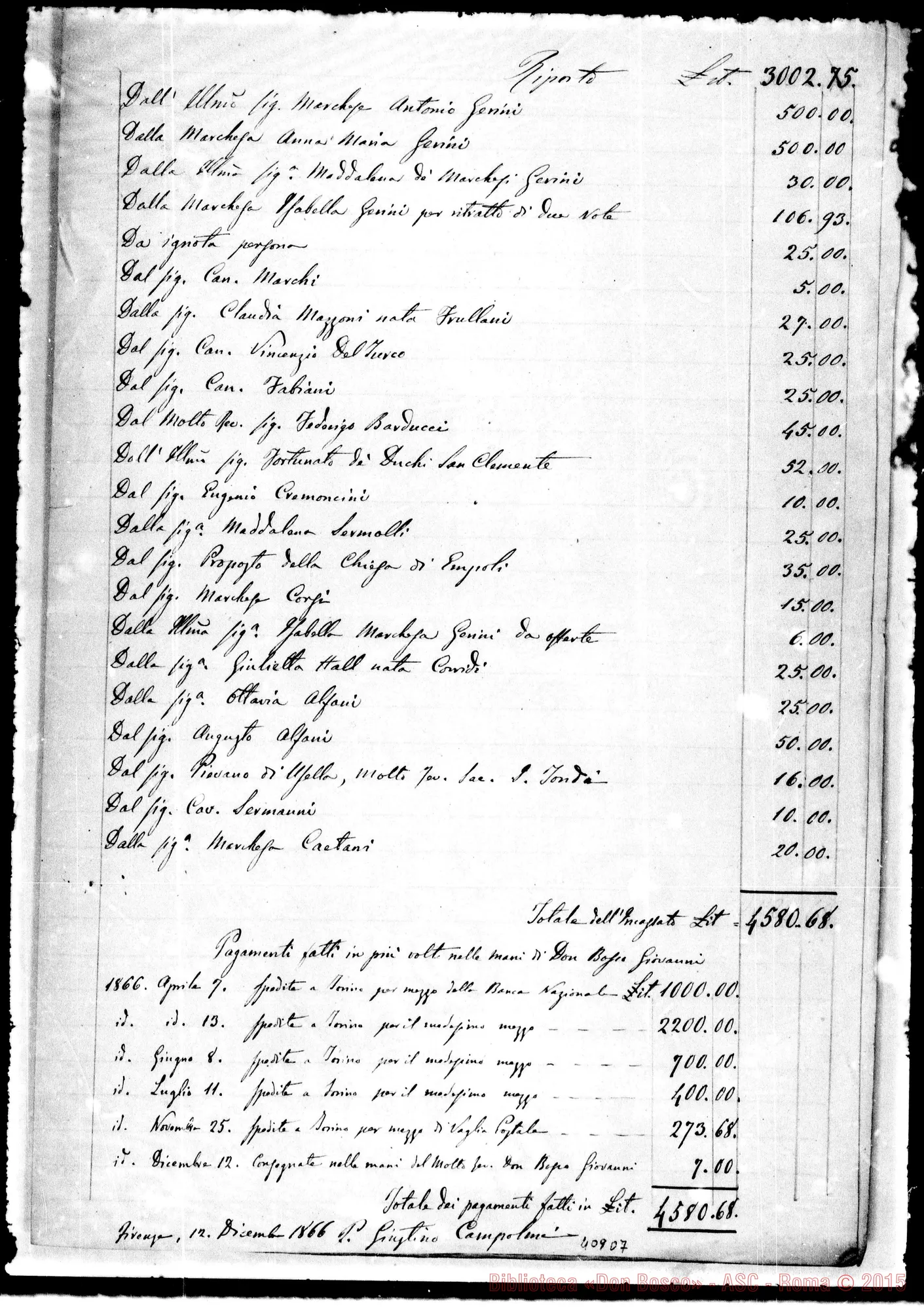 Fotogramma D 7 — 1865/6: Nota dei benefattori che hanno contribuito…