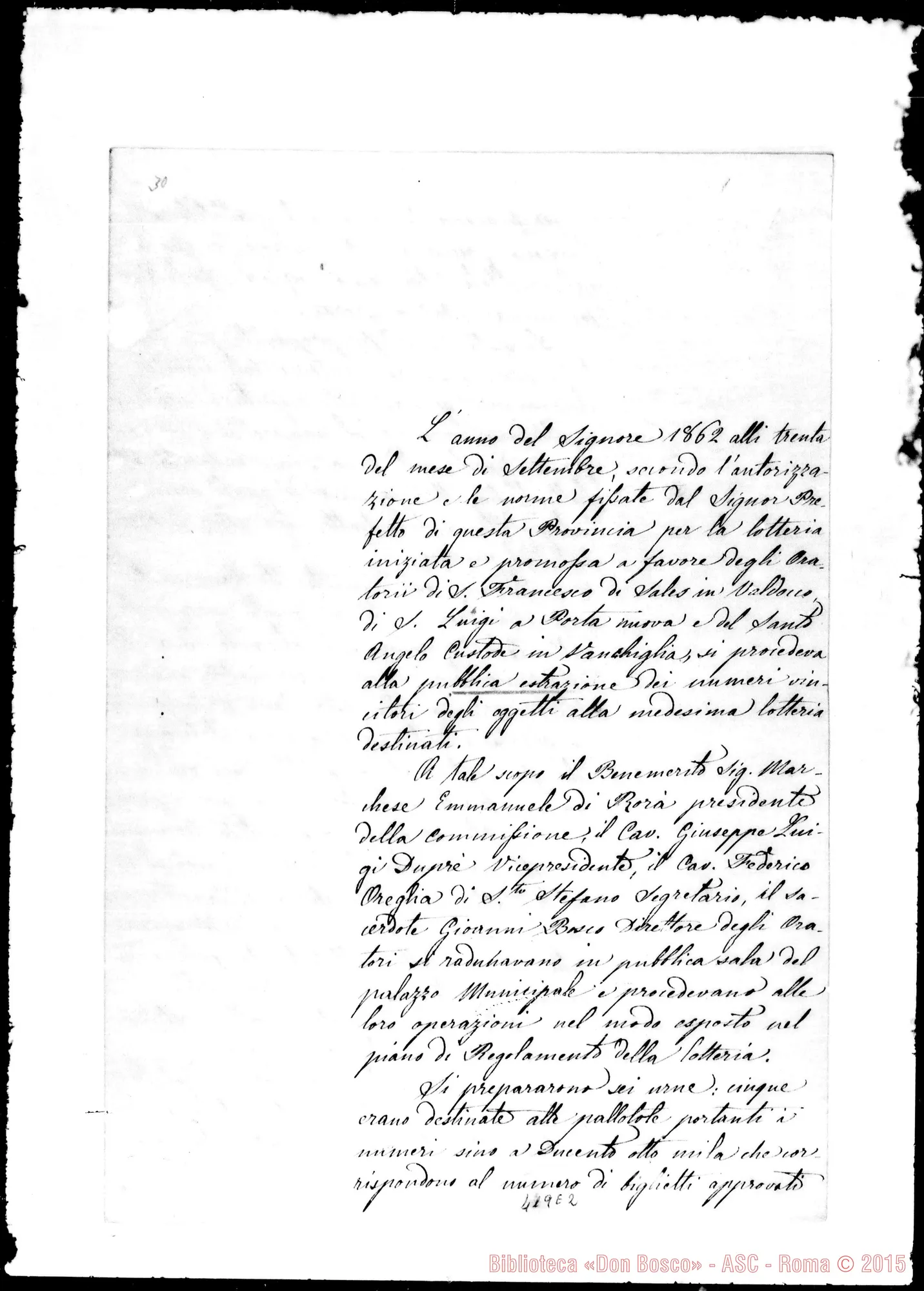 Fotogramma E 2 — Verbale estrazione dei premi. 3-10-1862. Firma autogr. Bosco