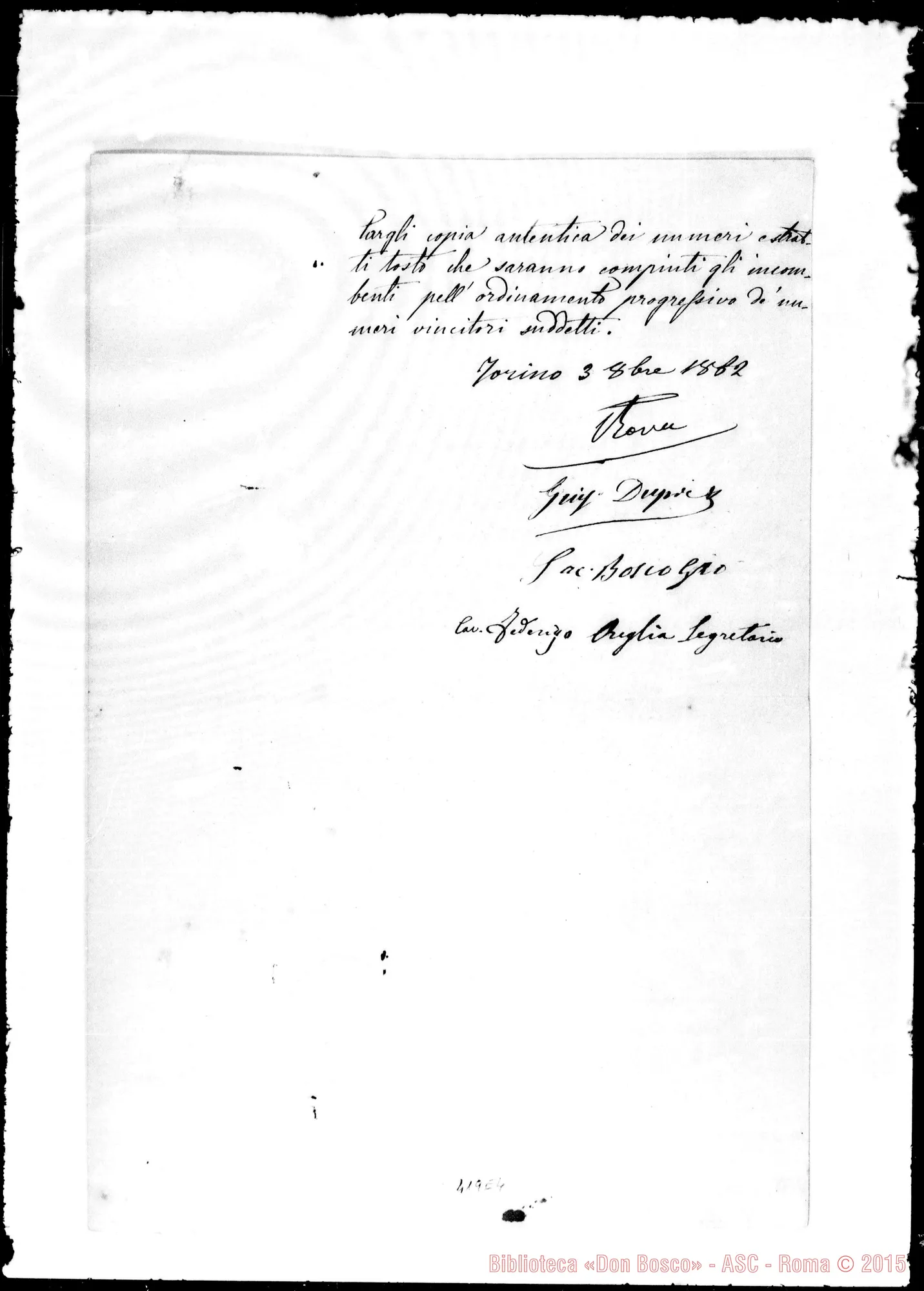 Fotogramma E 4 — Verbale estrazione dei premi. 3-10-1862. Firma autogr. Bosco