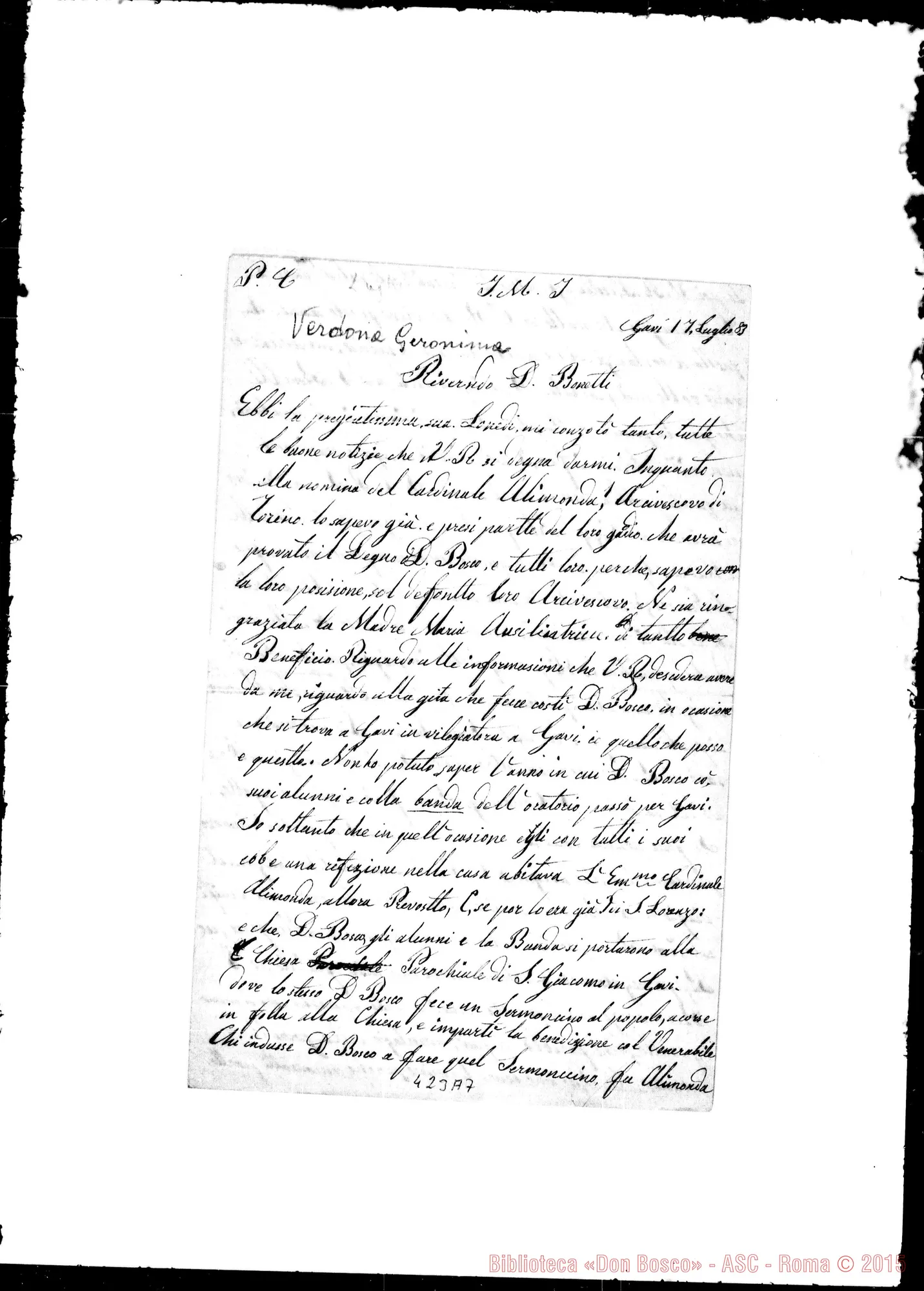 Fotogramma A 7 — Gavi: Relazione sulla gita di D. Bosco A Gavi. Geronima Verdona