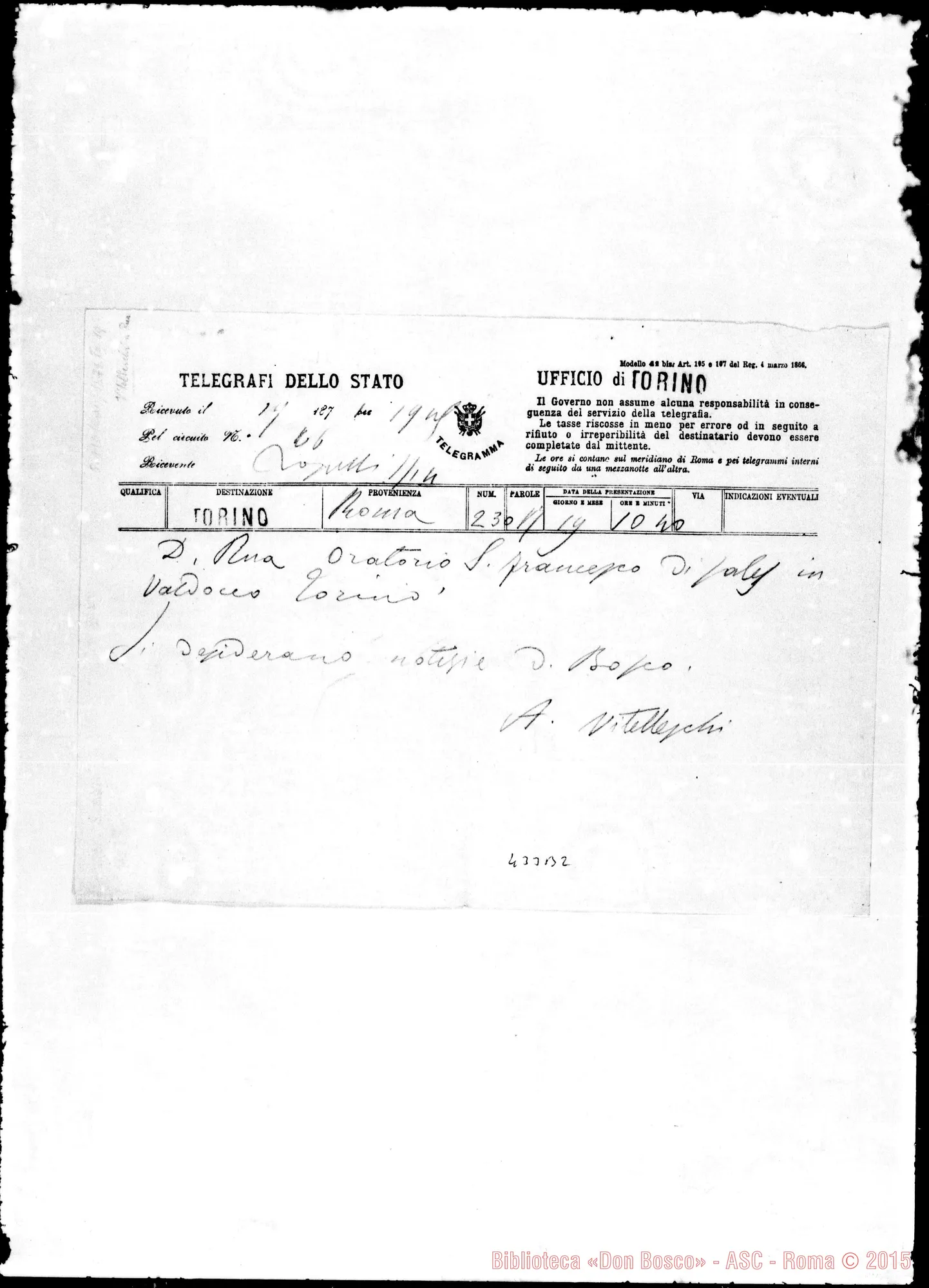 Fotogramma B 2 — Vitelleschi-Rua. Telegramma