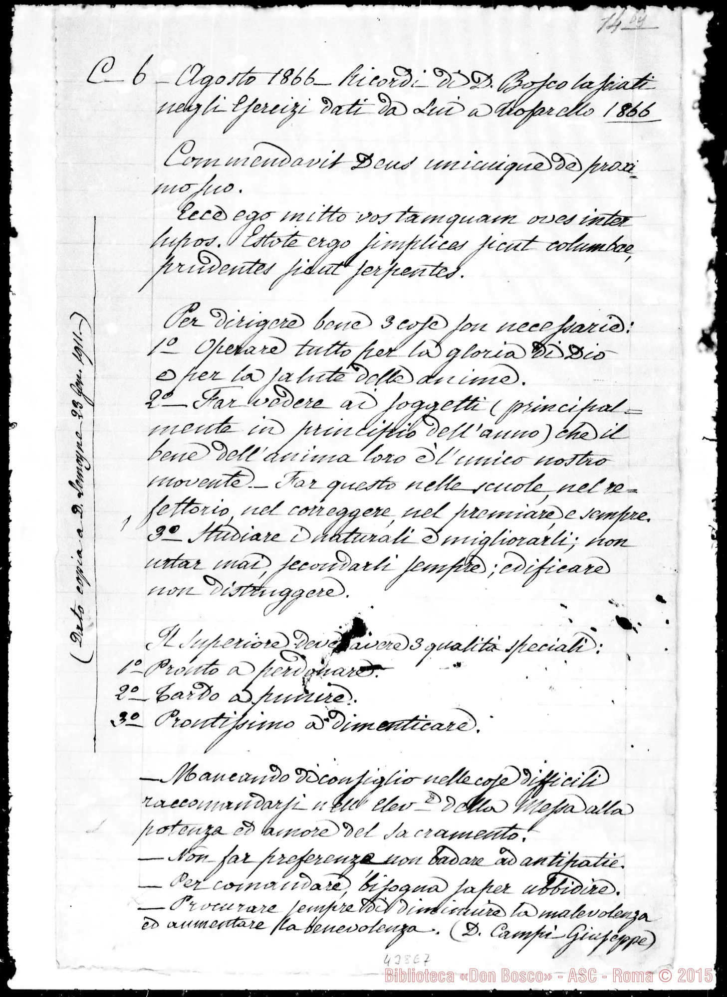 Fotogramma E 7 — Agosto 1866. Ricordi di D. Bosco negli esercizi di Trofarello