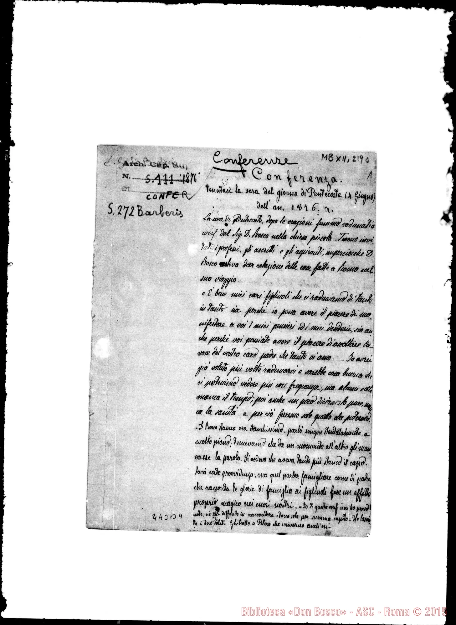 Fotogramma B 9 — Conferenza nella sera del giorno di Pentecoste 1876. Ms. Barberis