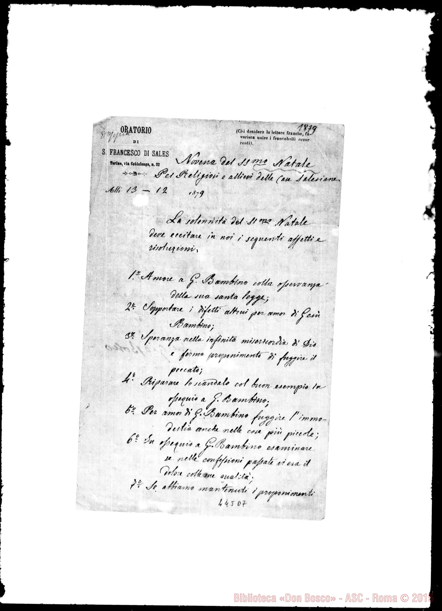 Fotogramma D 7 — Novena del Santo Natale. Firma autogr. Bosco