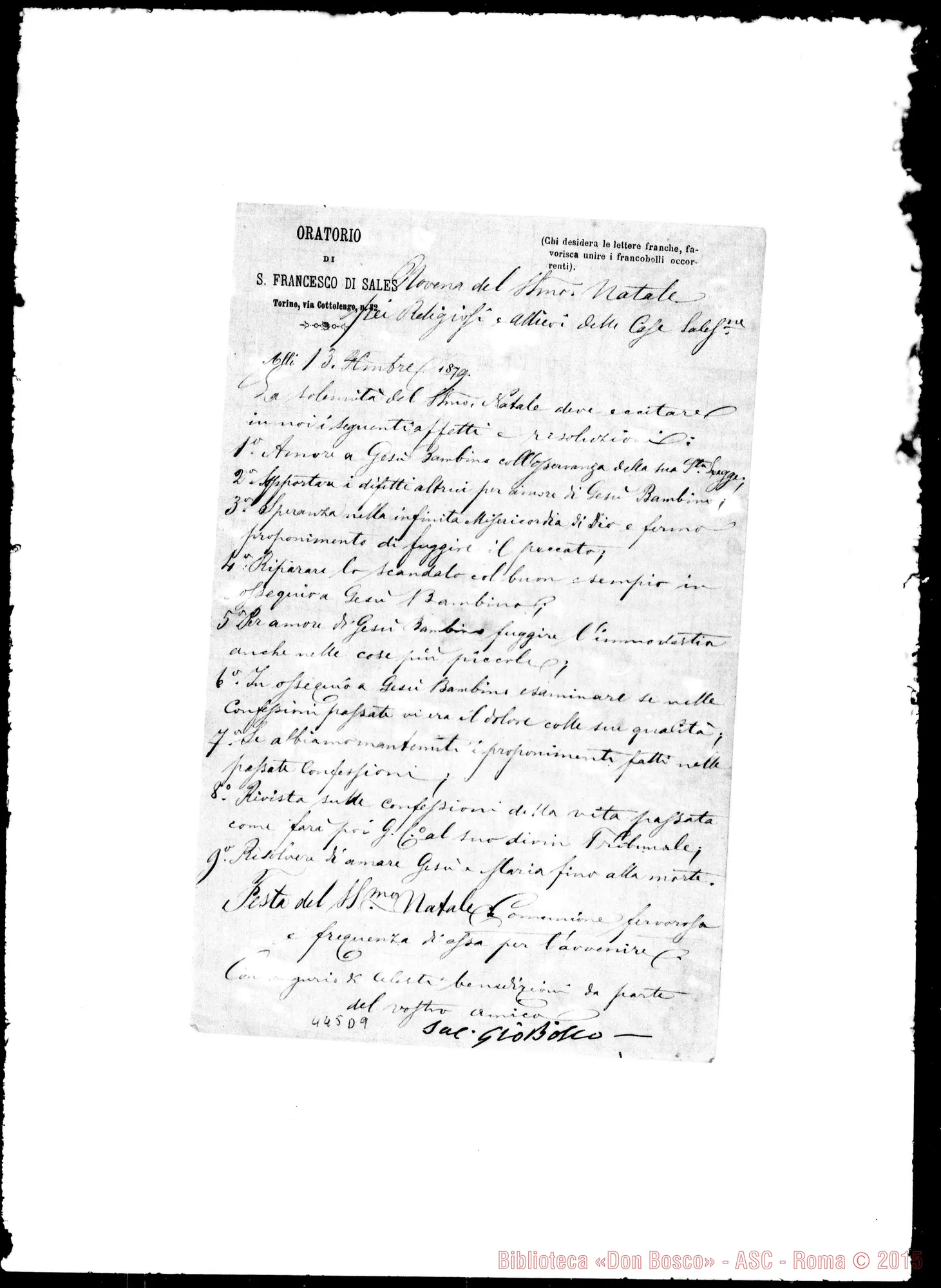 Fotogramma D 9 — Novena del Santo Natale. Firma autogr. Bosco