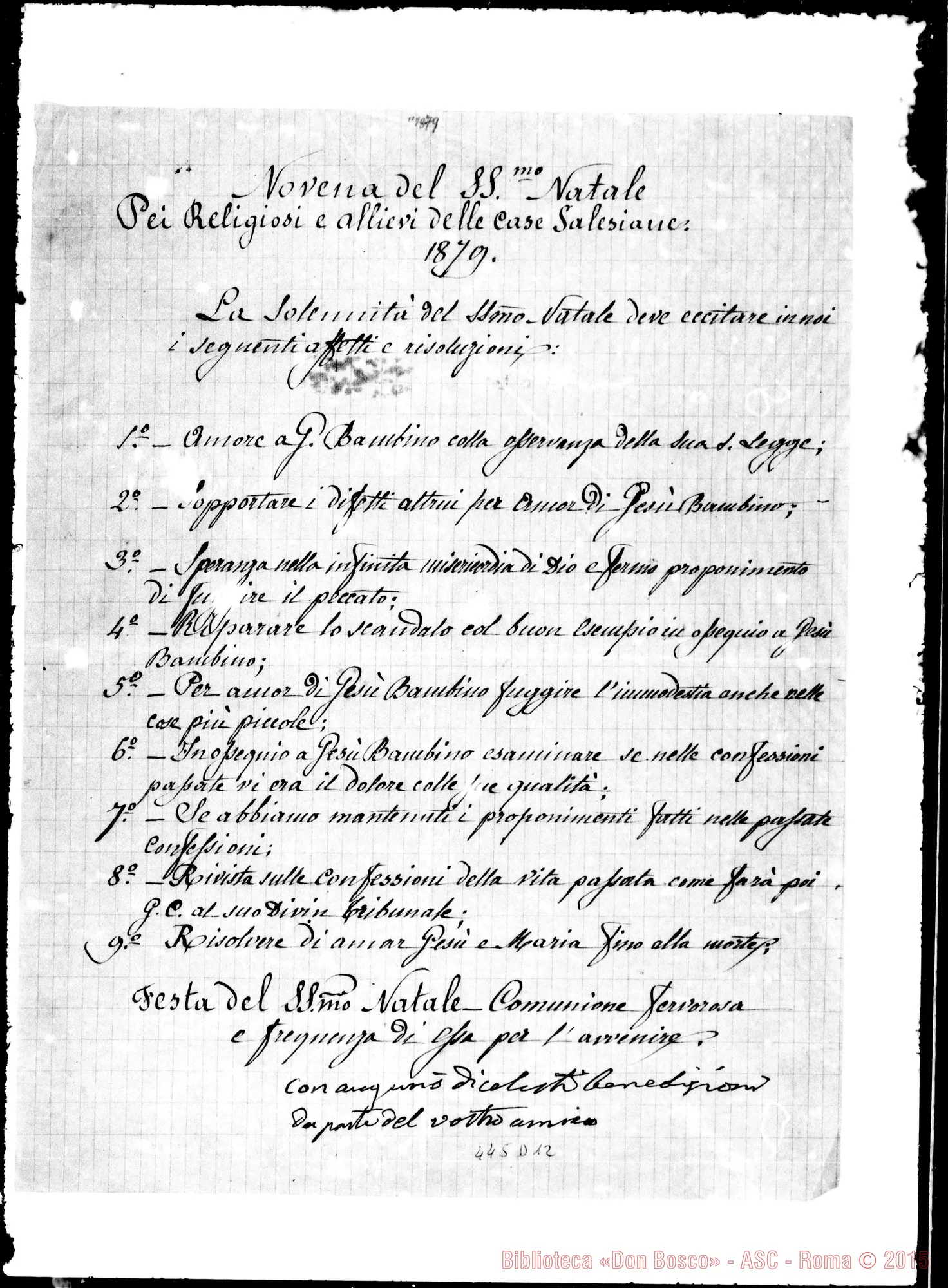 Fotogramma D 12 — Novena del Santo Natale. Firma autogr. Bosco