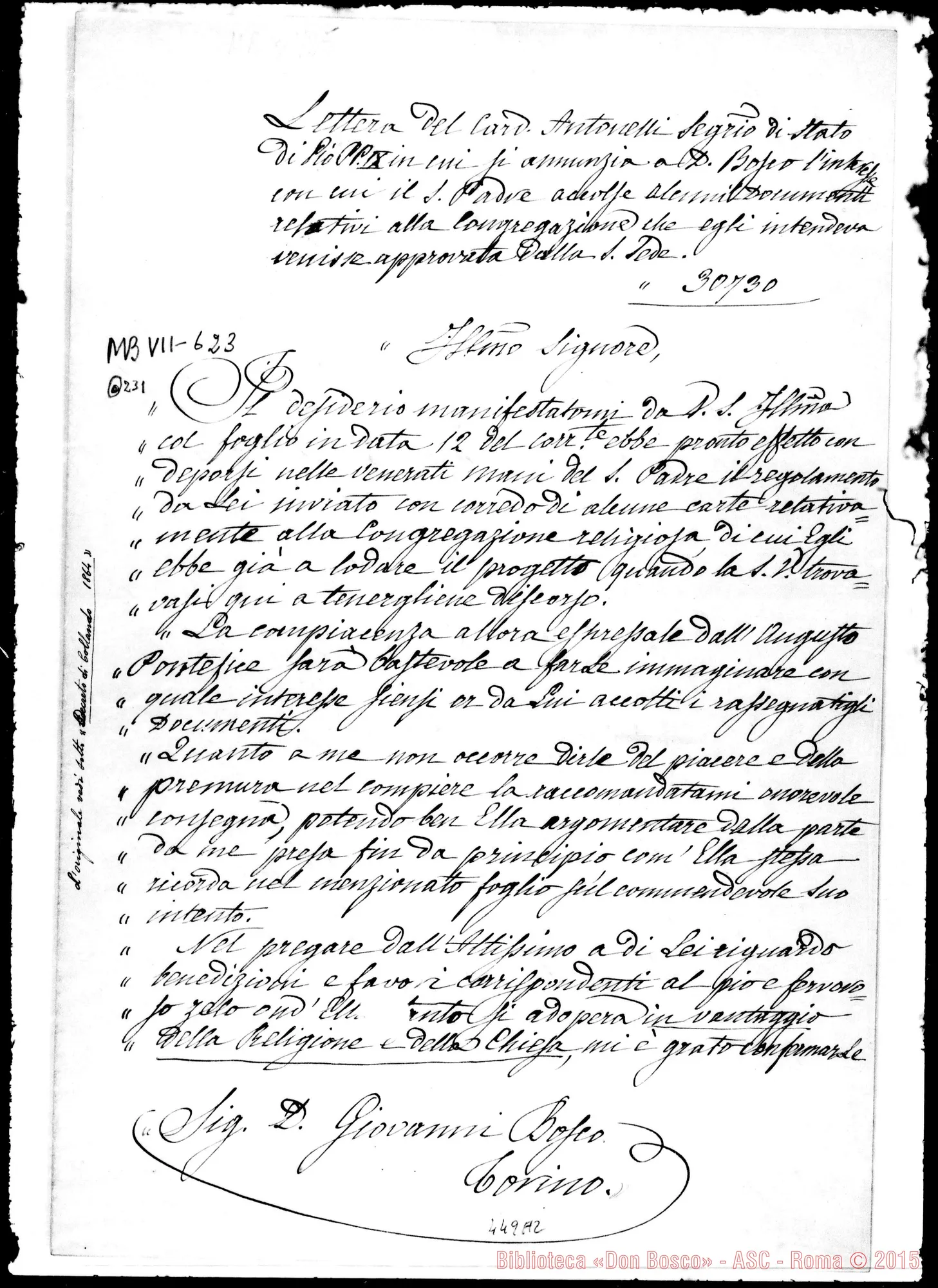 Fotogramma A 2 — (ASC 112) Sul nome «Danaro di S. Pietro». Lettera Antonelli-Bosco.