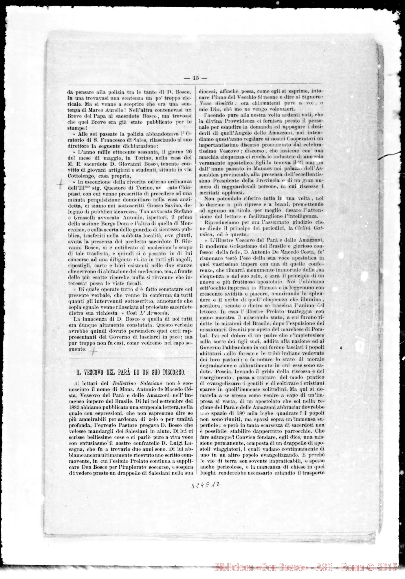 Fotogramma E 12 — Bollettino Salesiano (genn. 1884) che riporta i particolari delle perquisizioni