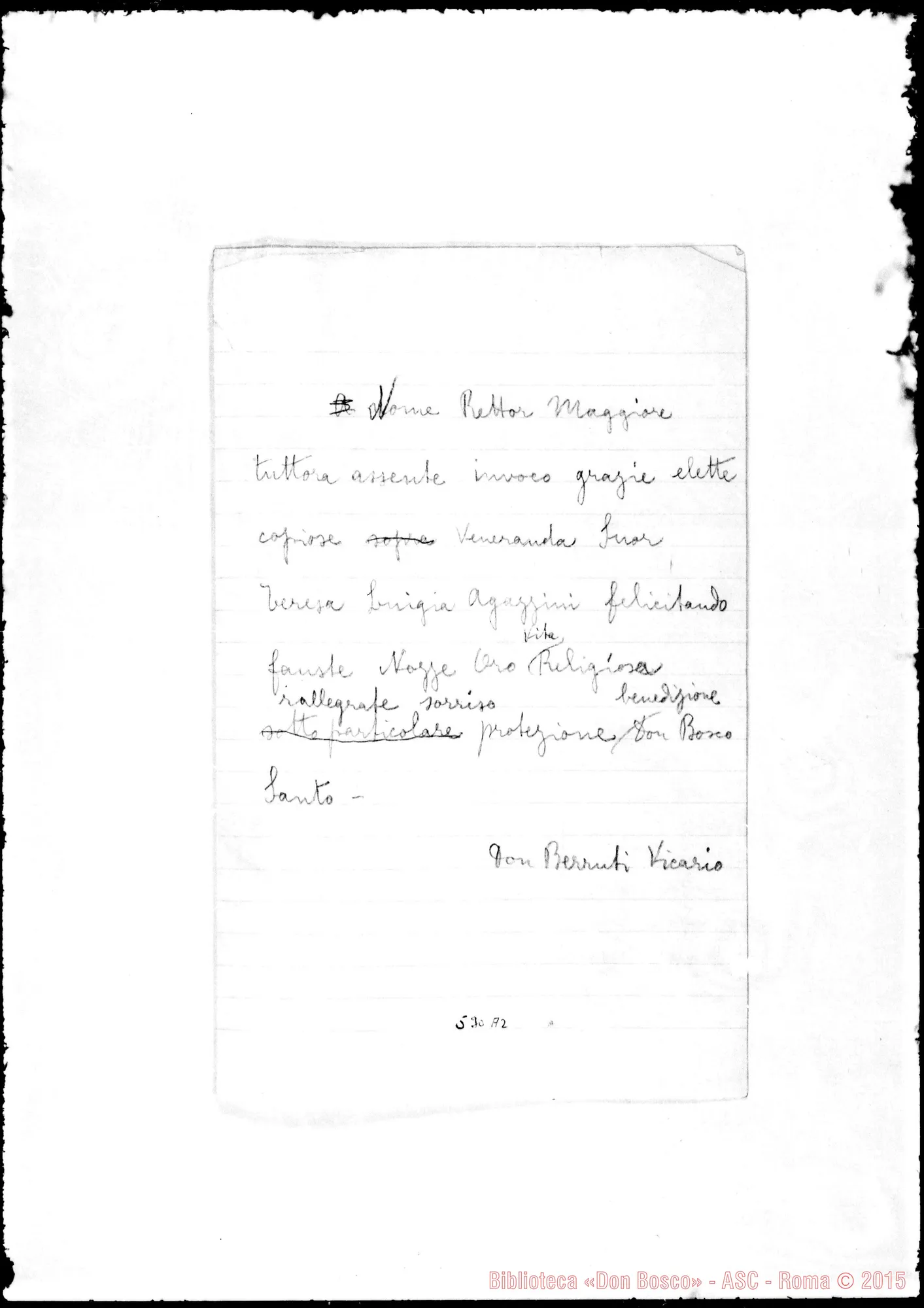 Fotogramma A 2 — Agazzini, Teresa Luigi, suora: Lettera A D. Ricaldone, Rettor Maggiore