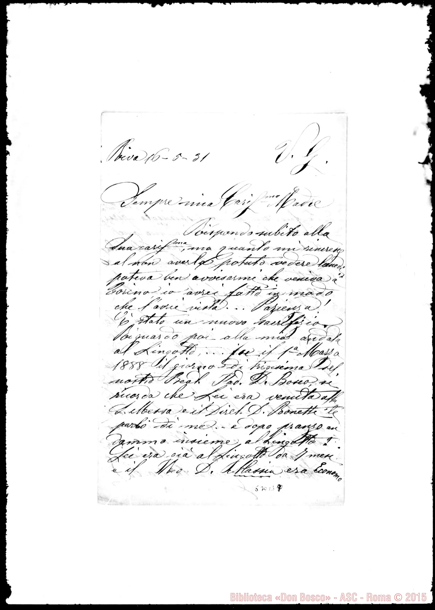 Fotogramma B 8 — Alasia Tommaso (notizie su Alasia): Lettera: Suor Emilia Picheno-Felicina Torretta