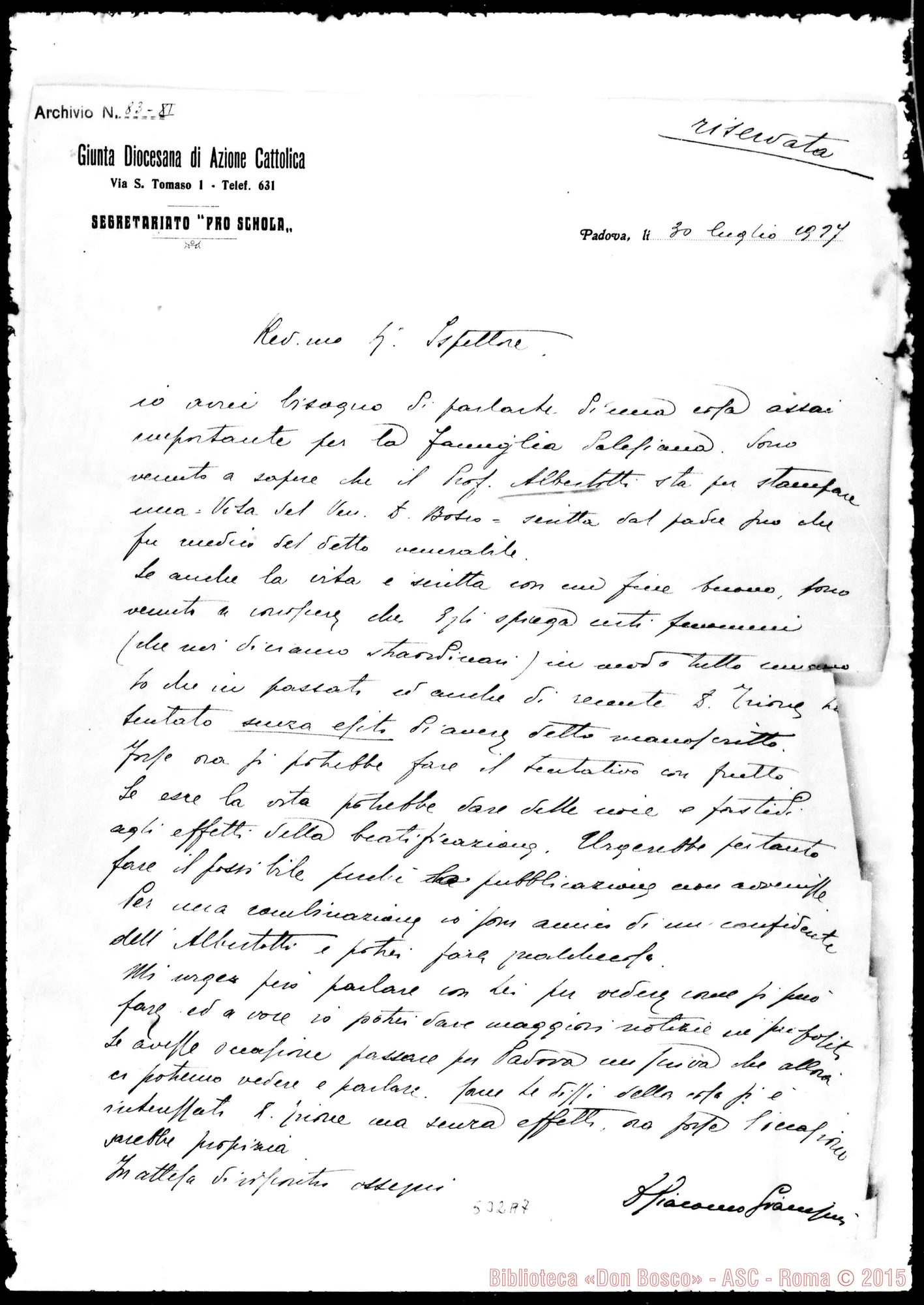 Fotogramma A 7 — Lettera di Giacomo G.-Ispettore Padova, su Albertotti