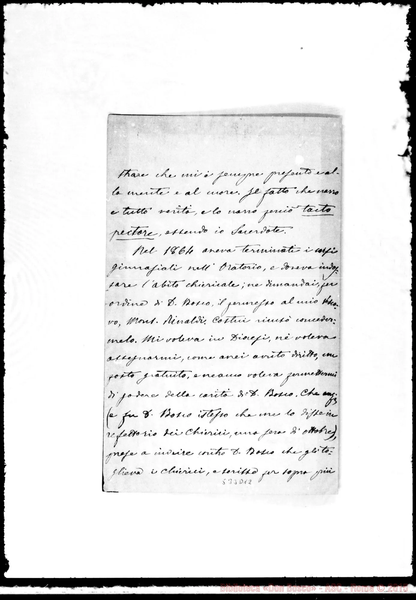 Fotogramma D 12 — Alessio Felice, sac.: Lettera A lll.mo Signore. Fu alunno dell’Oratorio