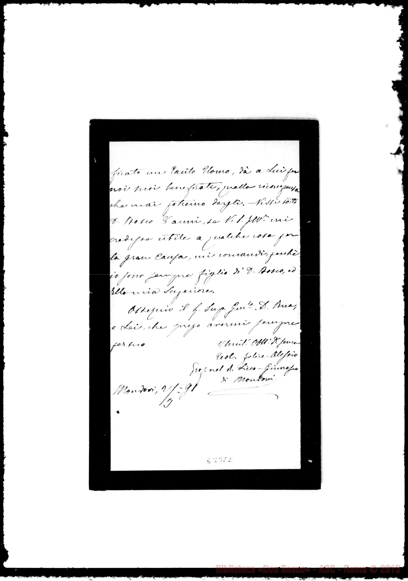 Fotogramma E 2 — Alessio Felice, sac.: Lettera A lll.mo Signore. Fu alunno dell’Oratorio
