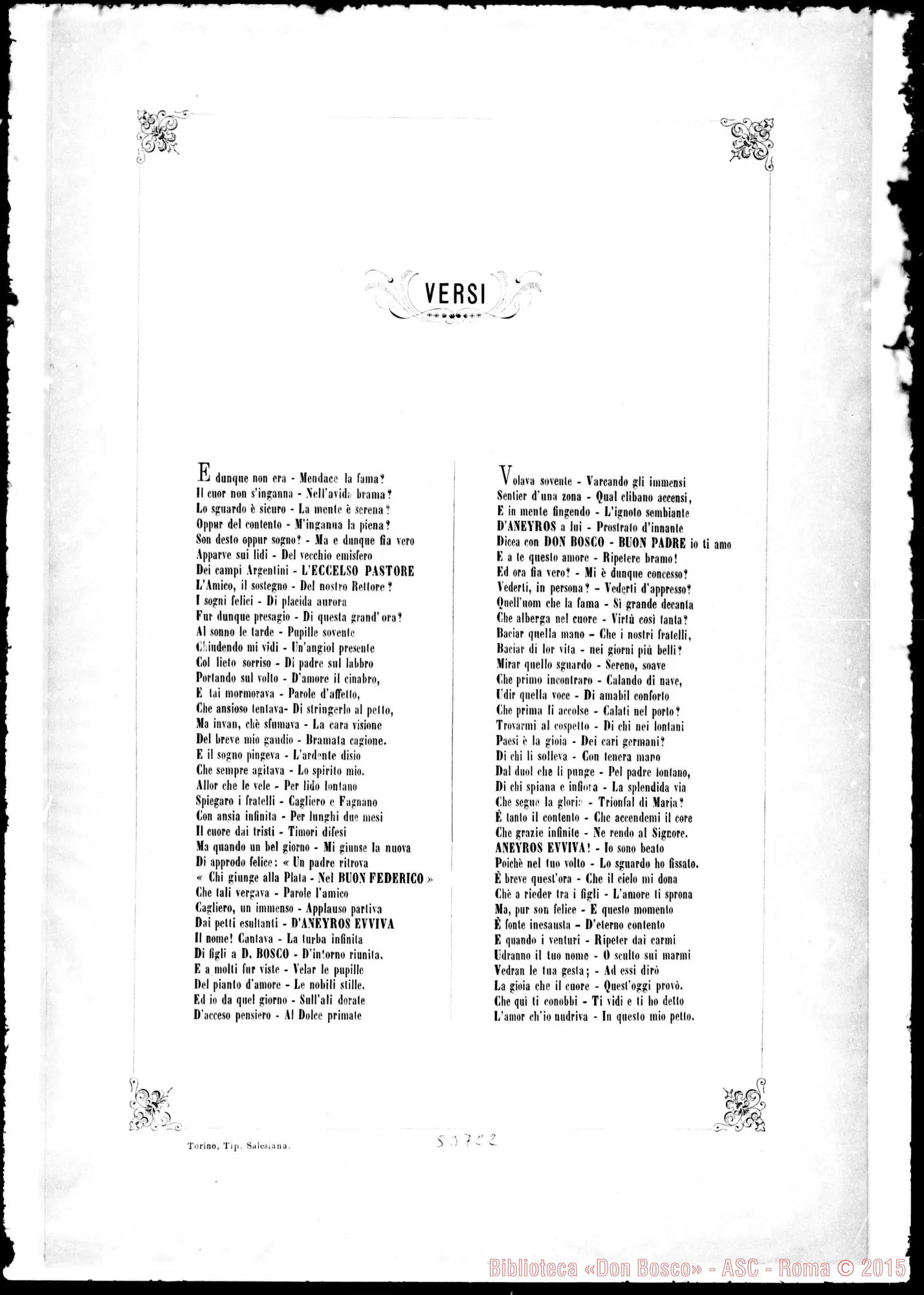 Fotogramma C 2 — A Mons. Aneyros nella sua visita all’Oratorio. Versi