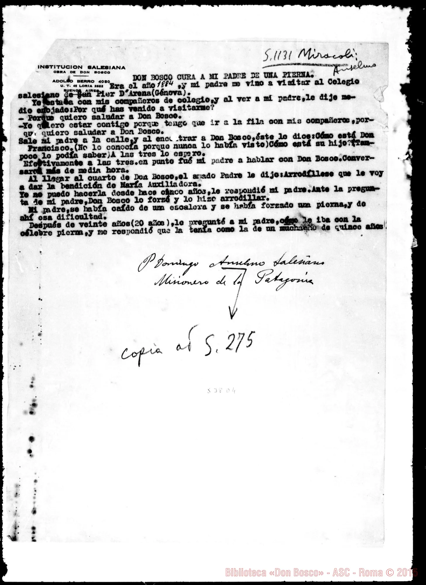 Fotogramma D 4 — Anseimo Domenico, sac. SDB: Profezie… miracoli… Testimonianza su D. Bosco