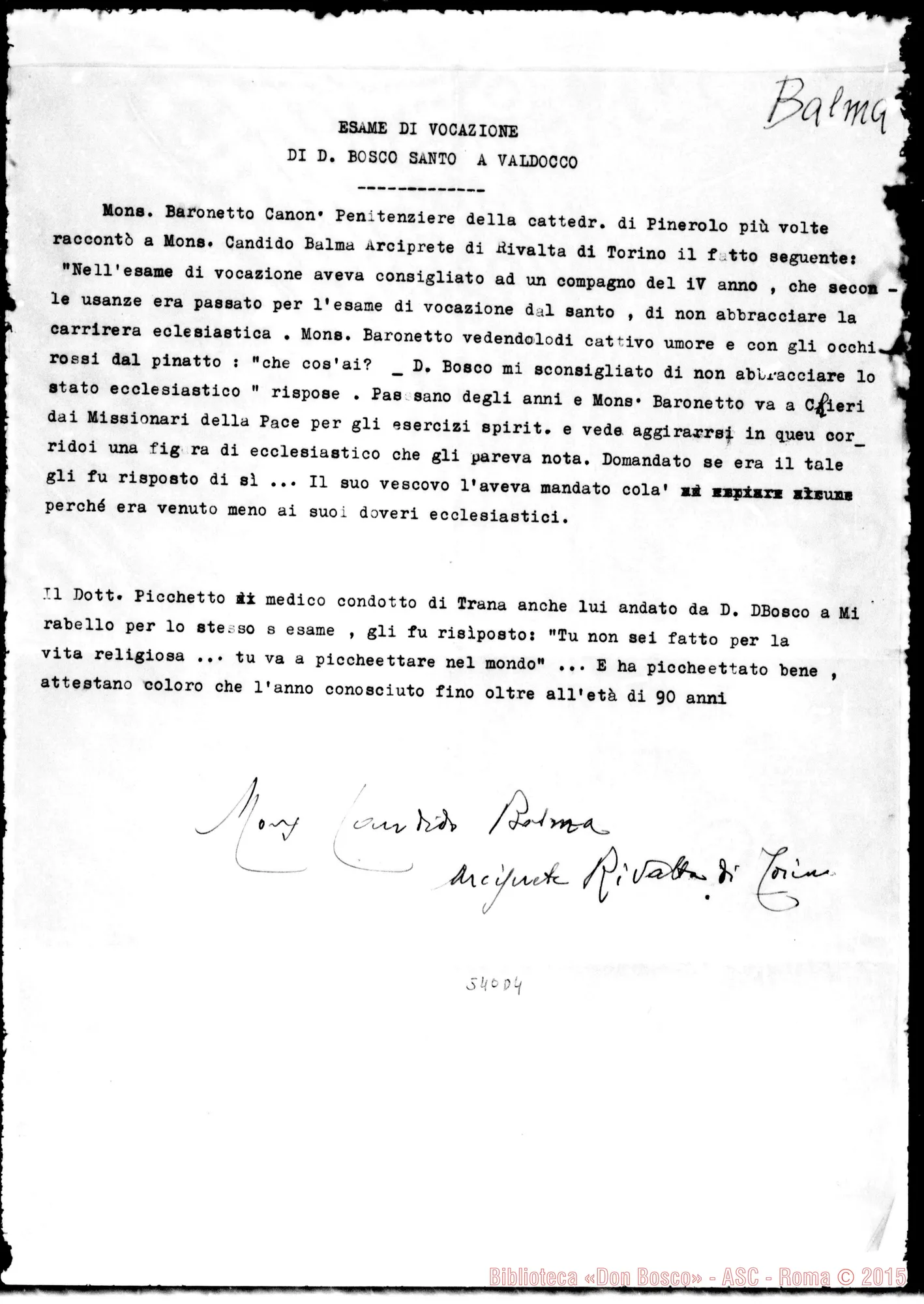 Fotogramma D 4 — Balma Candido, arciprete. Esame di vocazione di D. Bosco