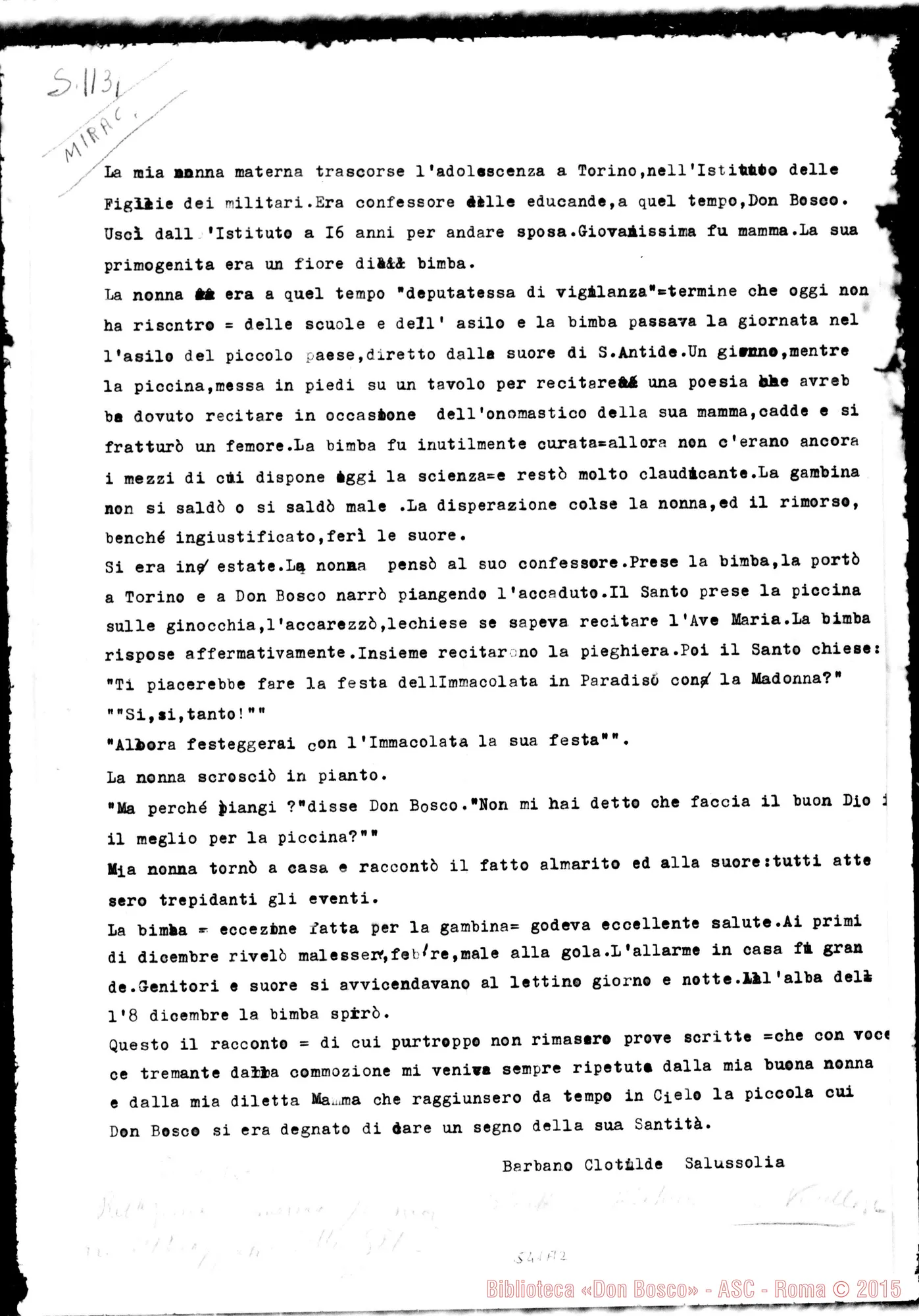 Fotogramma A 2 — Barbano Clotilde. Relazione intorno A una predizione di Don Bosco
