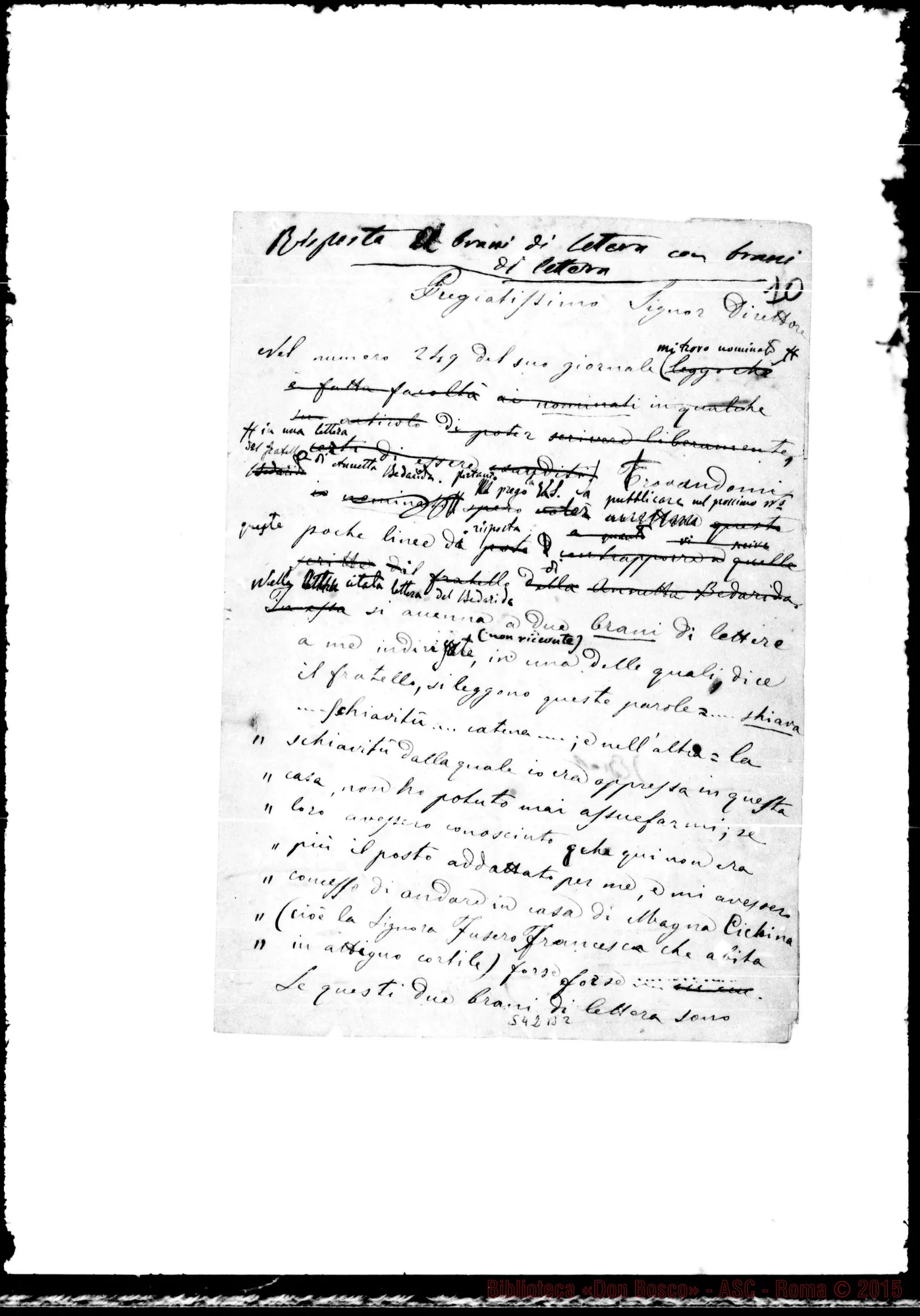 Fotogramma B 2 — Lettera: Cagliero-Direttore della Gazzetta del Popolo. Minuta