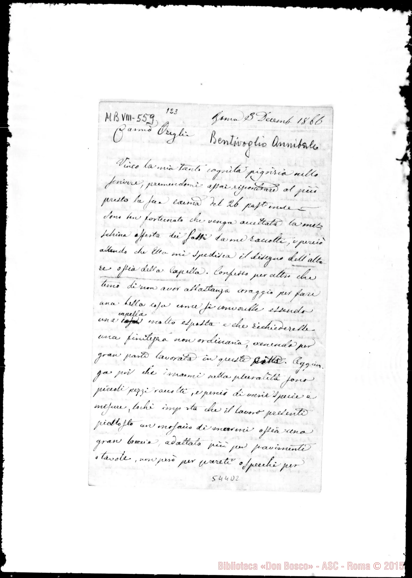 Fotogramma D 2 — Bentivoglio Annibaie, conte. Lettera: Annibaie Bentivoglio-Cav. Oreglia Federico