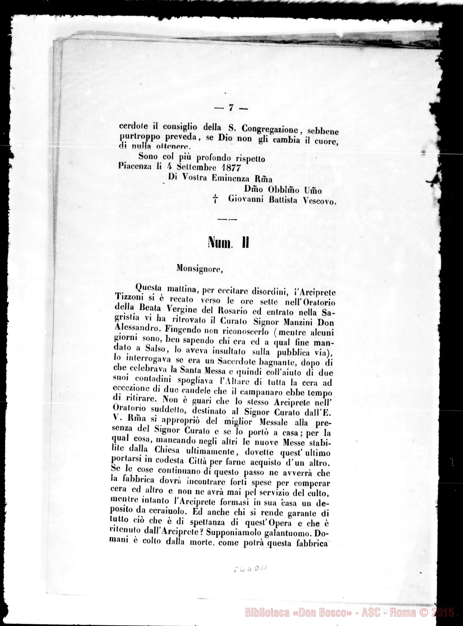Fotogramma D 11 — Berardi Giuseppe, card. (1810-1878). «Il Mese di Novembre 1877…» Stampato
