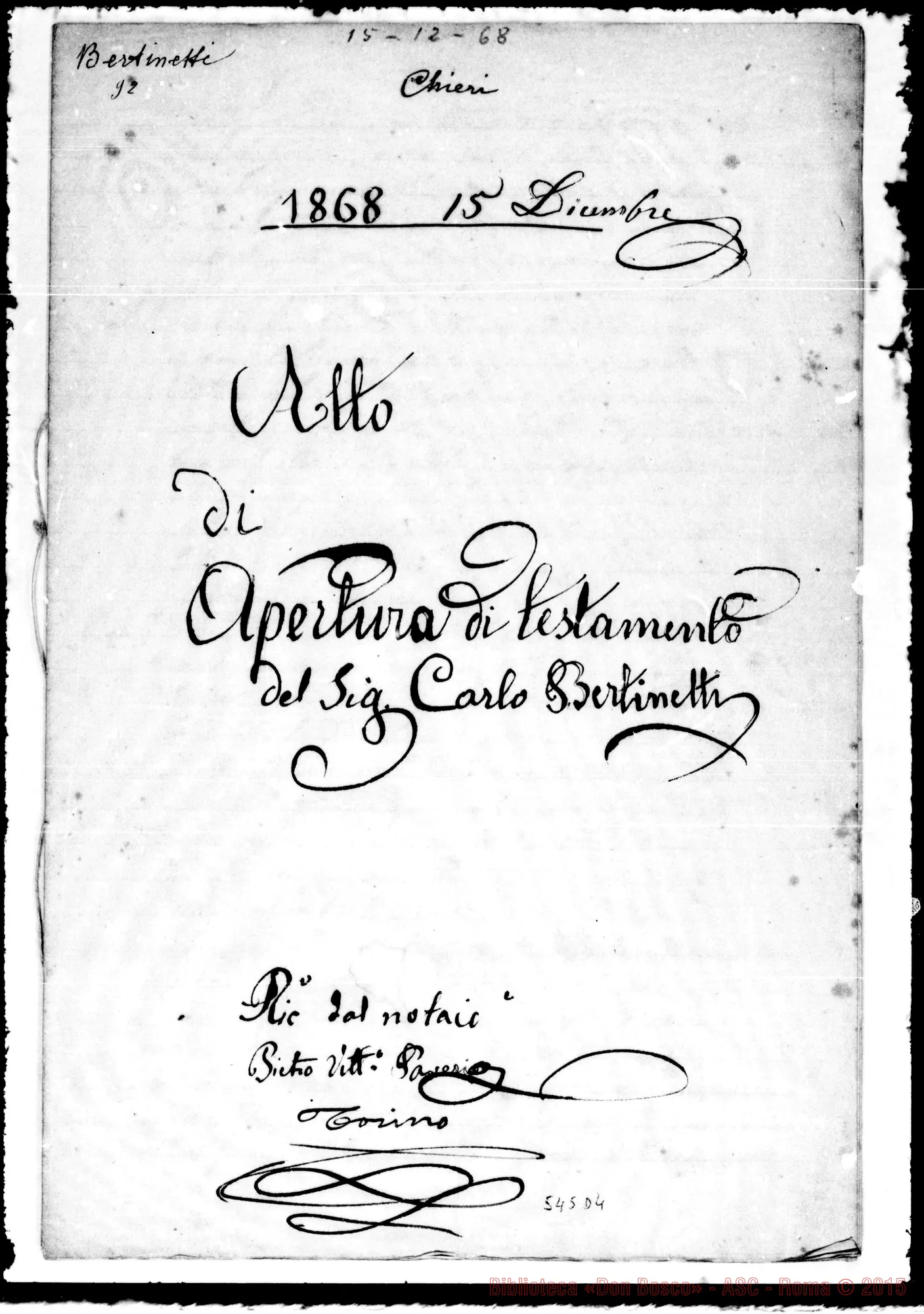 Fotogramma D 4 — Atto di apertura di Testamento del Sig. Carlo Bertinetti