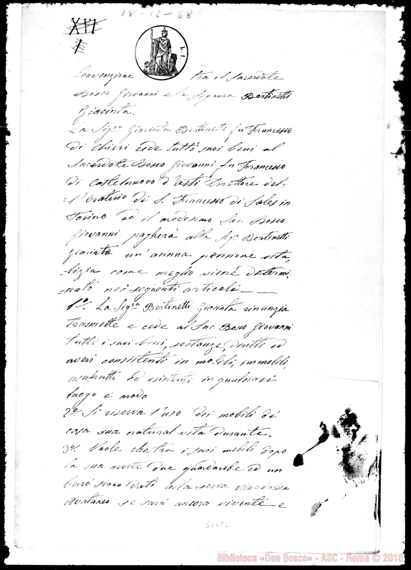 Fotogramma E 2 — Convenzione tra D. Bosco E la Signora Bertinetti Giacinta