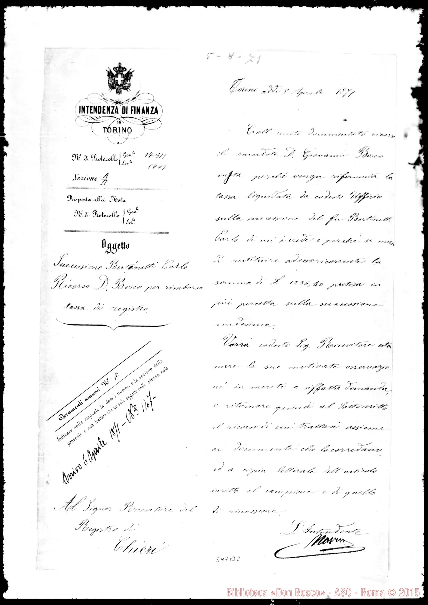 Fotogramma B 8 — Intendente delle Finanze al Ricevitore di Chieri