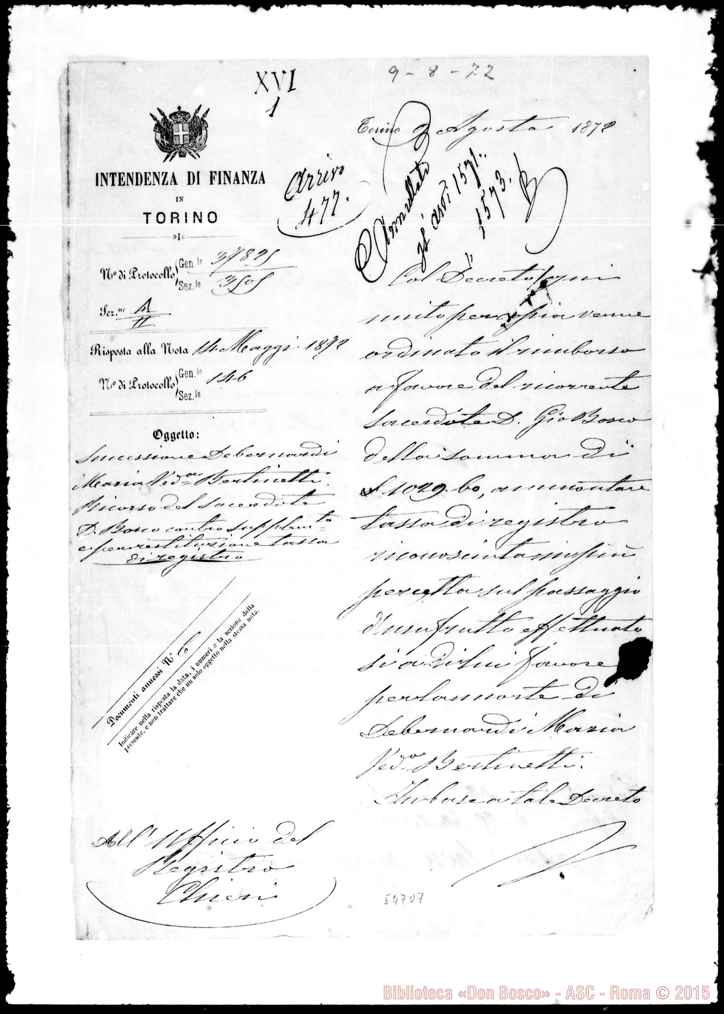 Fotogramma D 7 — Intendente delle Finanze aH’Ufficio del Registro di Chieri