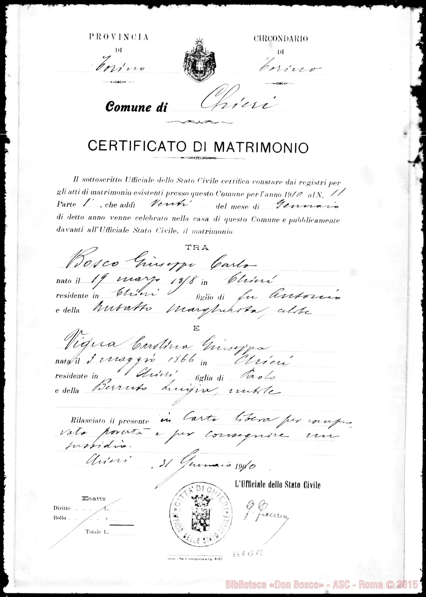 Fotogramma B 12 — Certificato di Matrimonio tra Bosco Giuseppe E Carlina G.