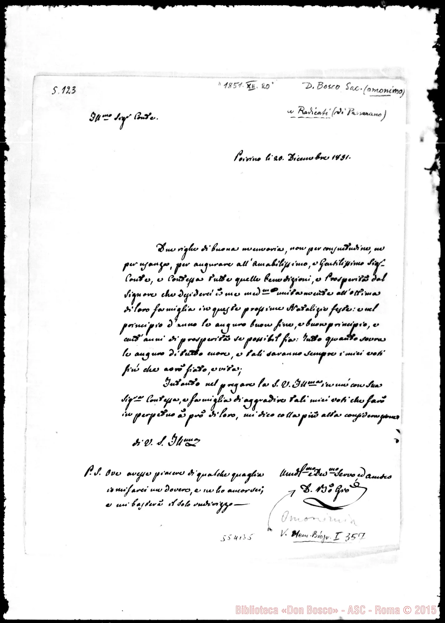 Fotogramma B 5 — Bosco Giovanni Francesco. Lettera A D. Radicati