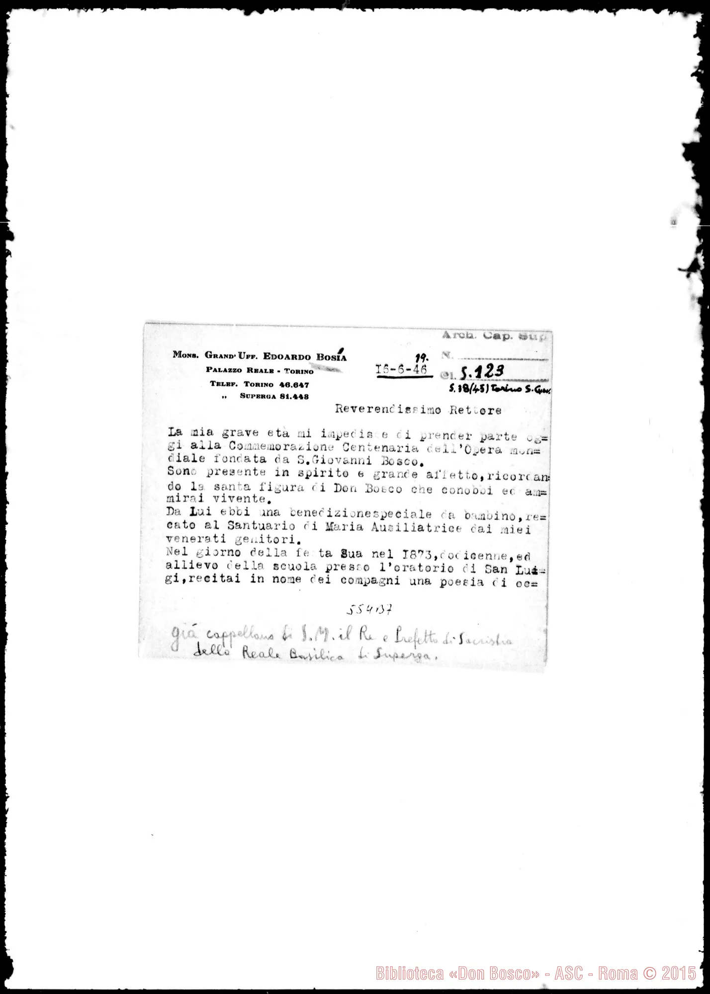 Fotogramma B 7 — Bosia Edoardo, sac. Lettera: Mons. Bosia-Rettor Maggiore