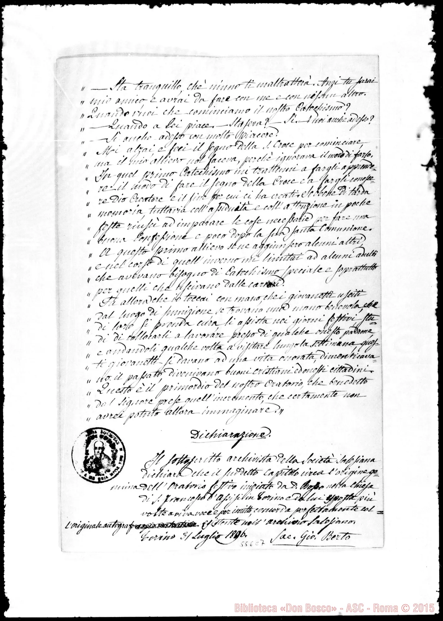 Fotogramma C 7 — D. Berto: testimonianza sulla genuina origine dell’Oratorio