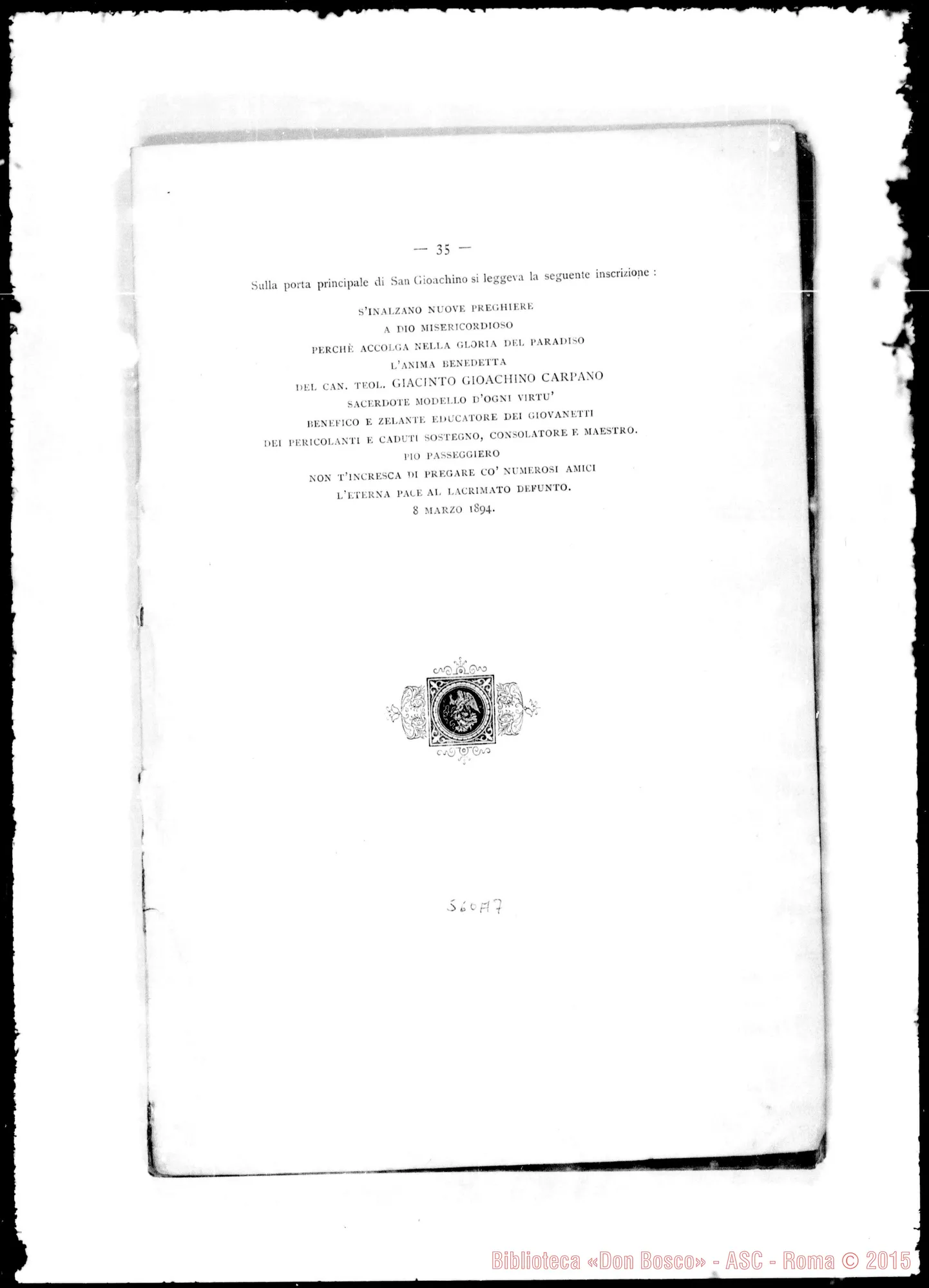Fotogramma A 7 — Carpano Giacinto Gioachino, sac. Elogio funebre letto da D. Francesia
