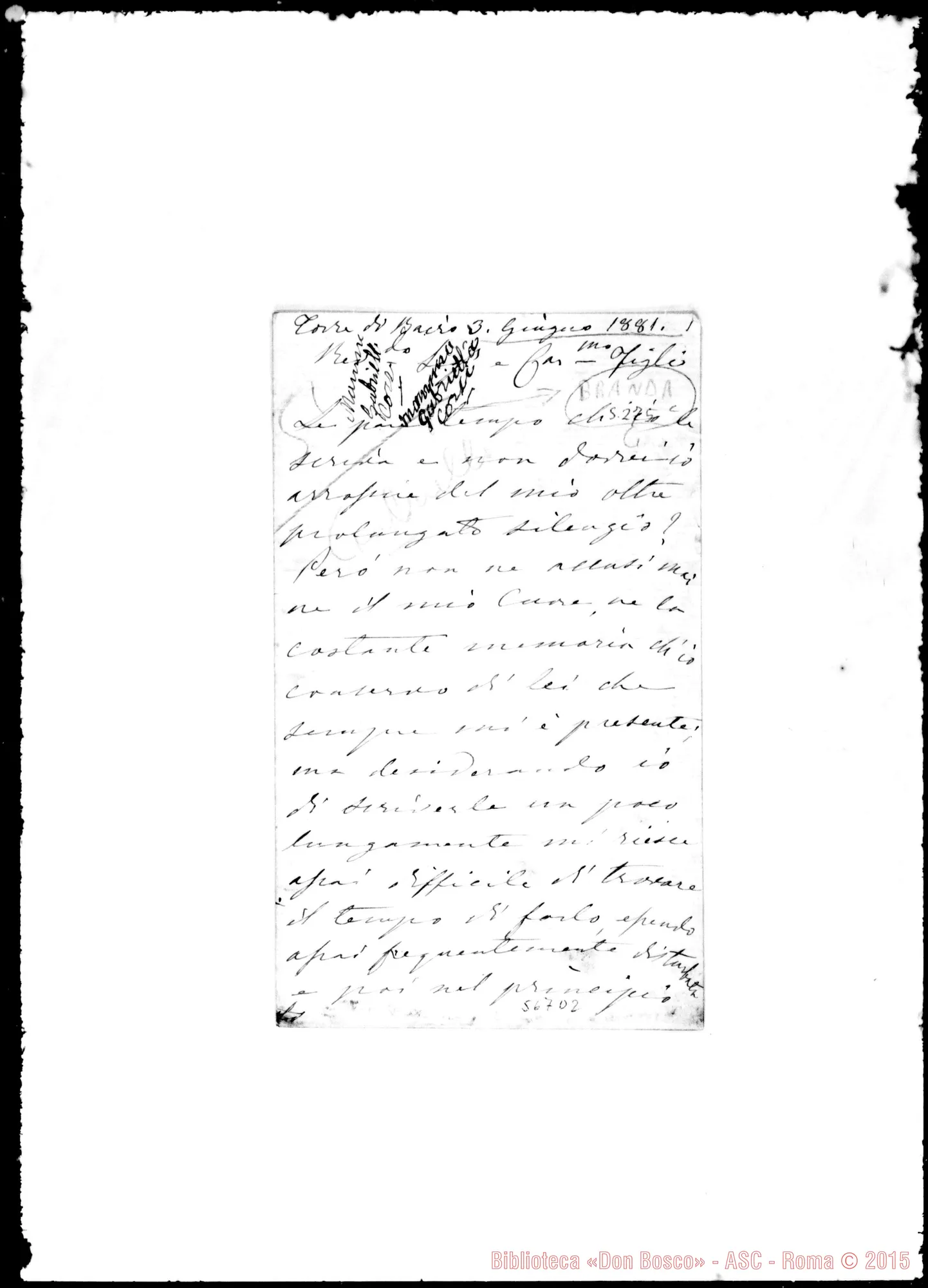Fotogramma D 2 — Corsi Gabriella, contessa. Lettera: Contessa Corsi-Rev.do Signore E Carissimo Figlio