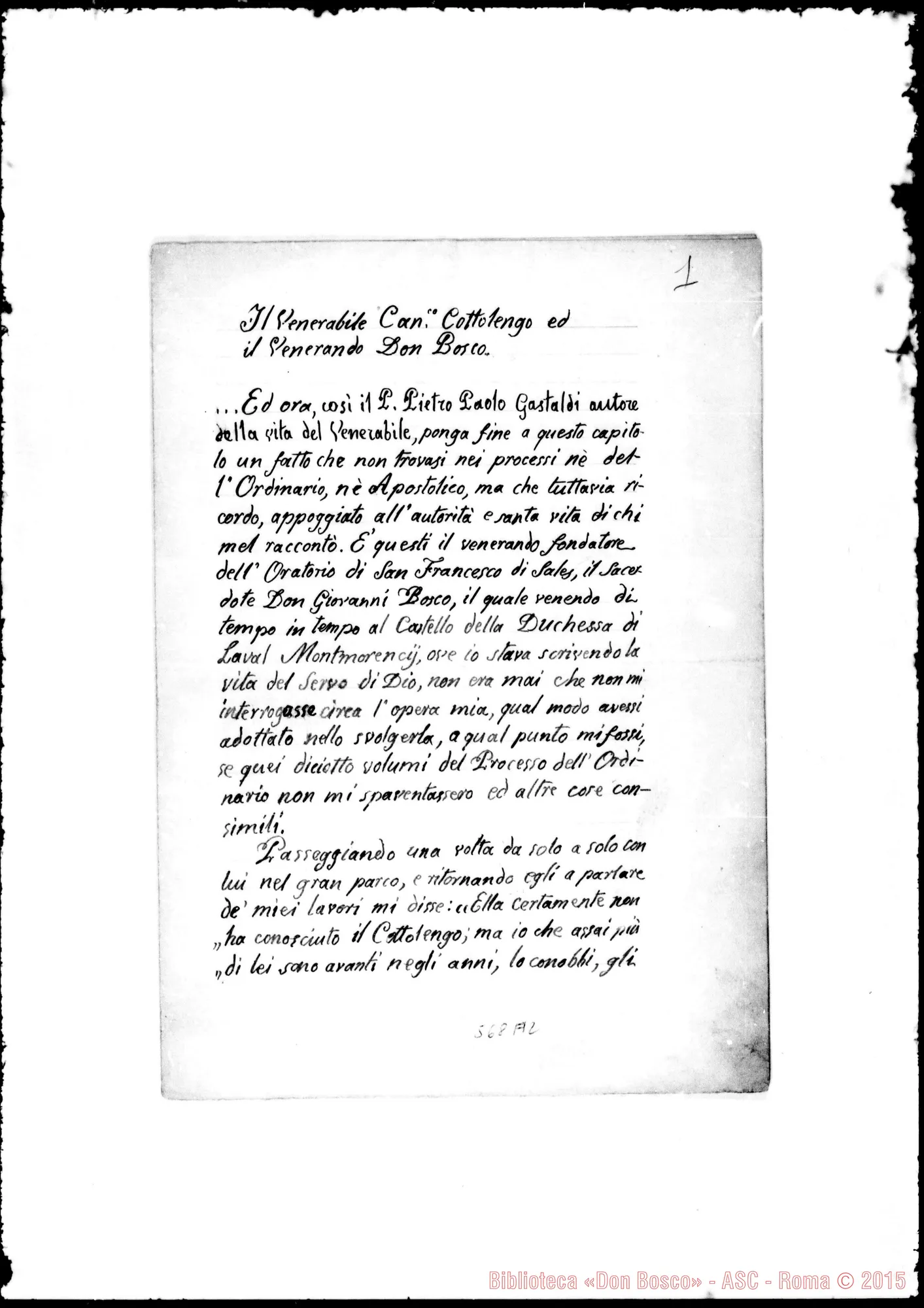 Fotogramma A 2 — Cottolengo Giuseppe. Relazione del P. Pietro Paolo Gastaldi