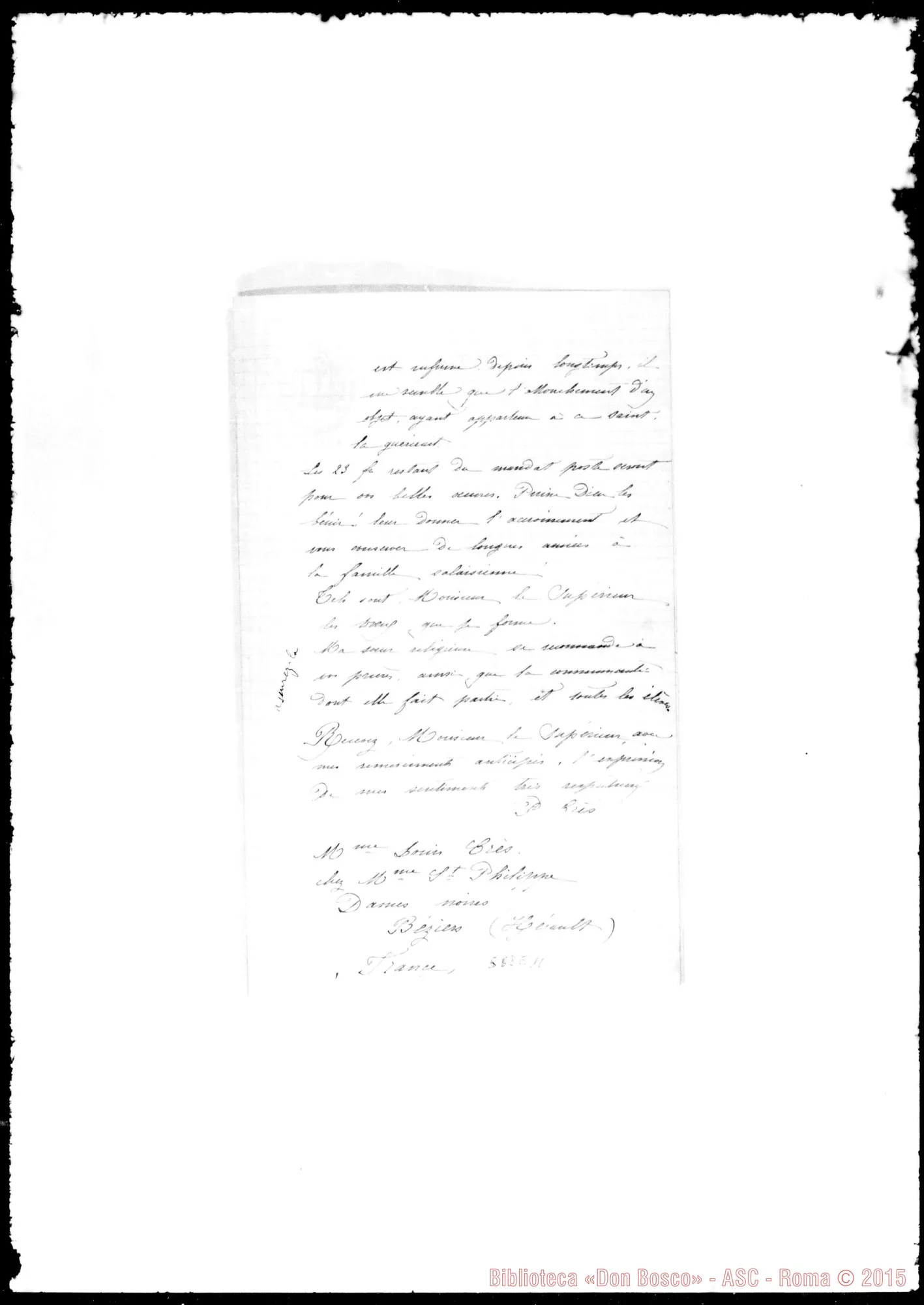 Fotogramma E 11 — Crès Louise. Lettera: Crès-Monsieur le Supérieur