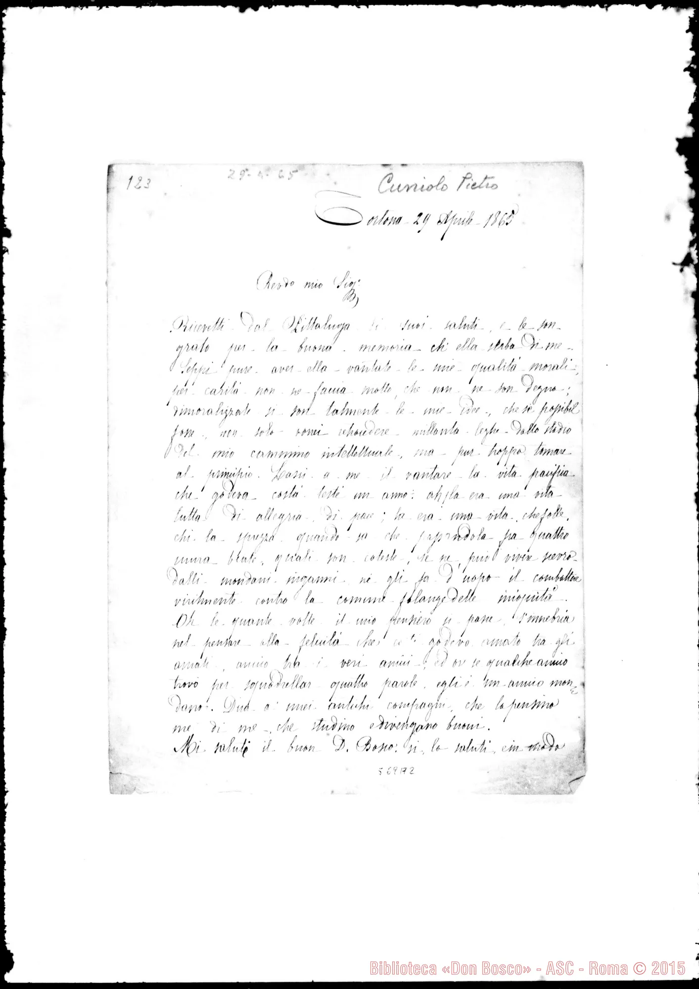 Fotogramma A 2 — Cuniolo Pietro. Lettera originale: Cuniolo Pietro-Rev.do mio Signore