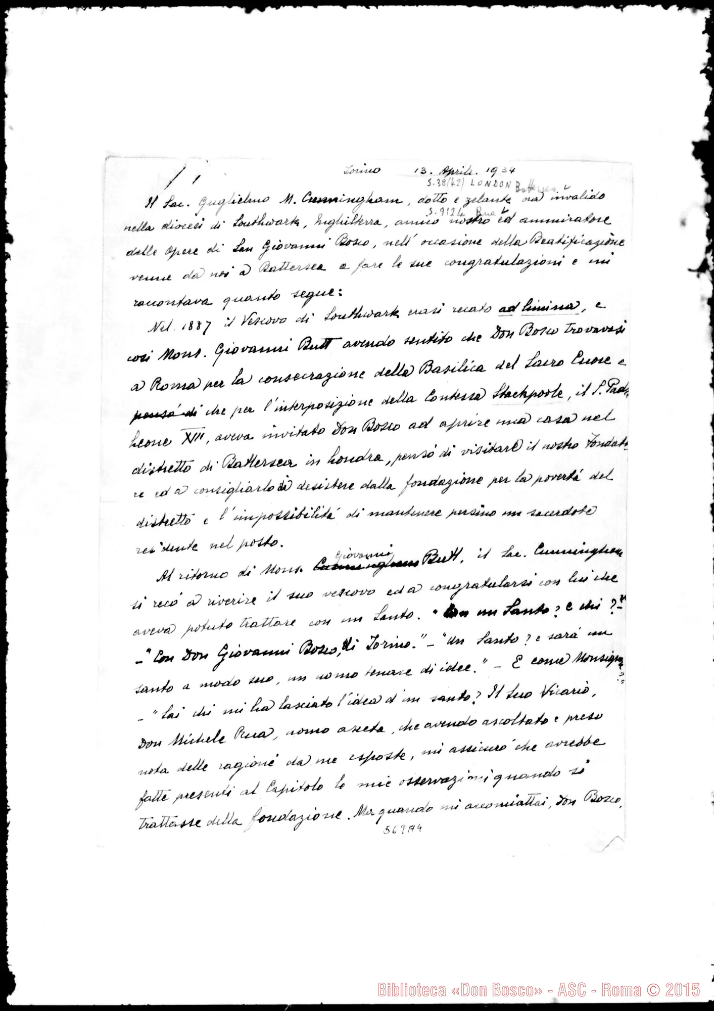 Fotogramma A 4 — Cunningham Guglielmo M., sac. Relazione di Enea Tozzi. Previsione su Batersea